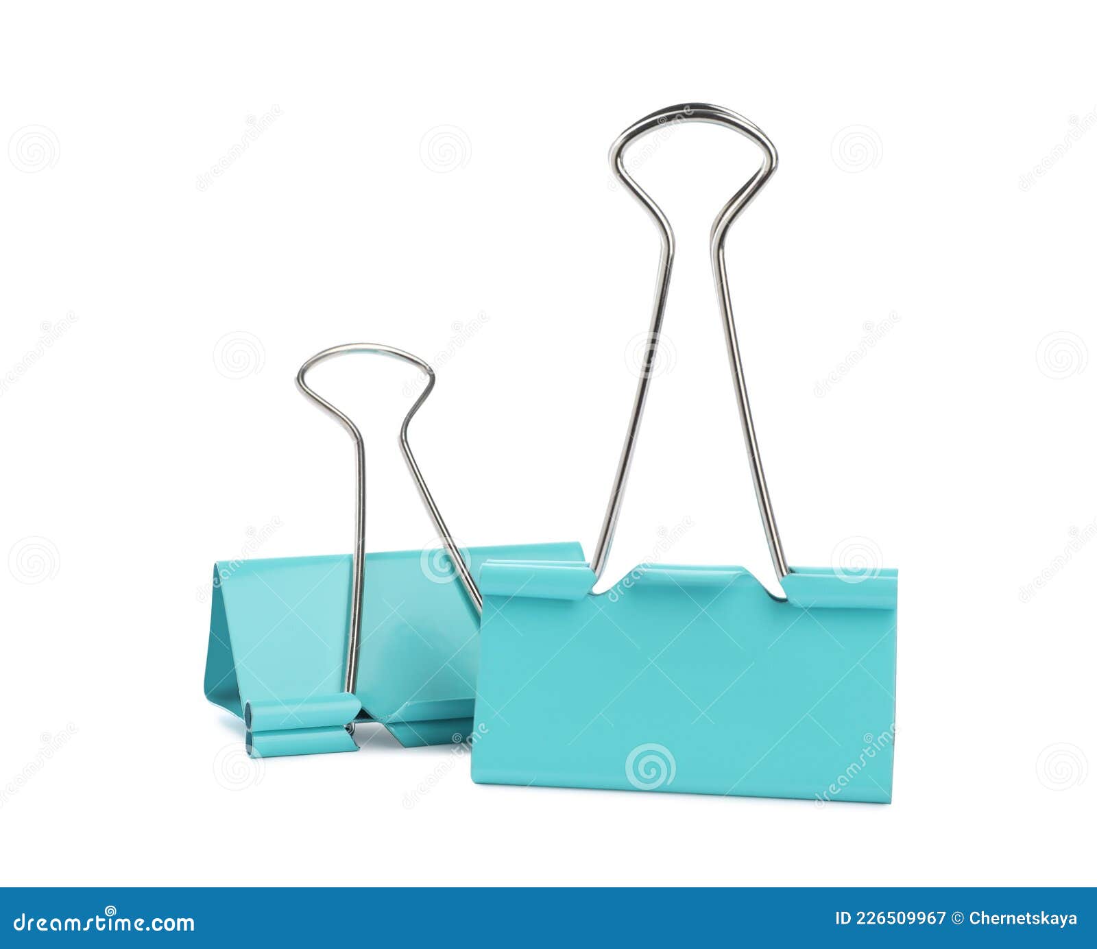 Turquoise Binder Clips on White Background. Stationery Stock Image