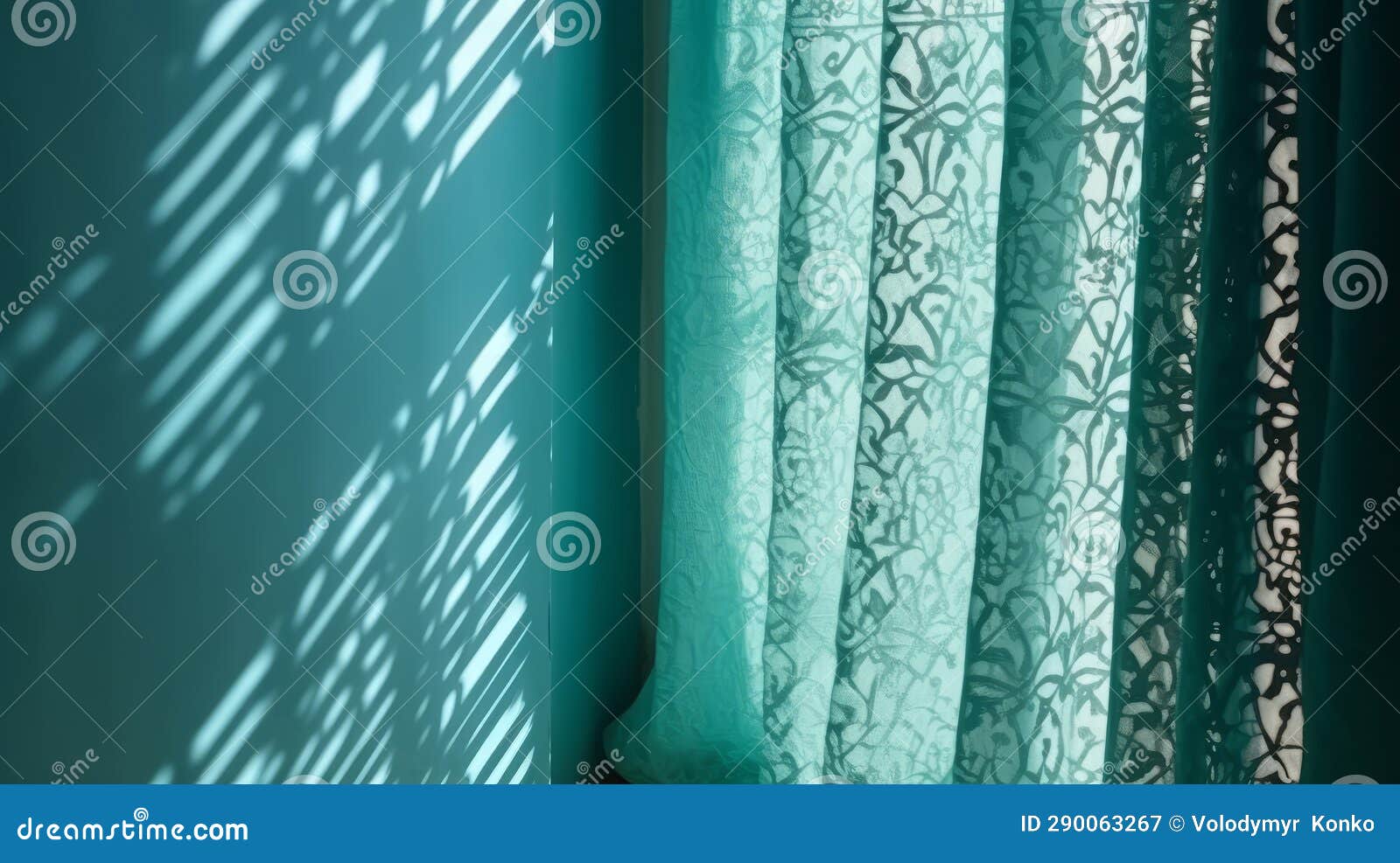 Turquoise Blue Curtain Drape in Sunlight Window Grill. Generative Ai