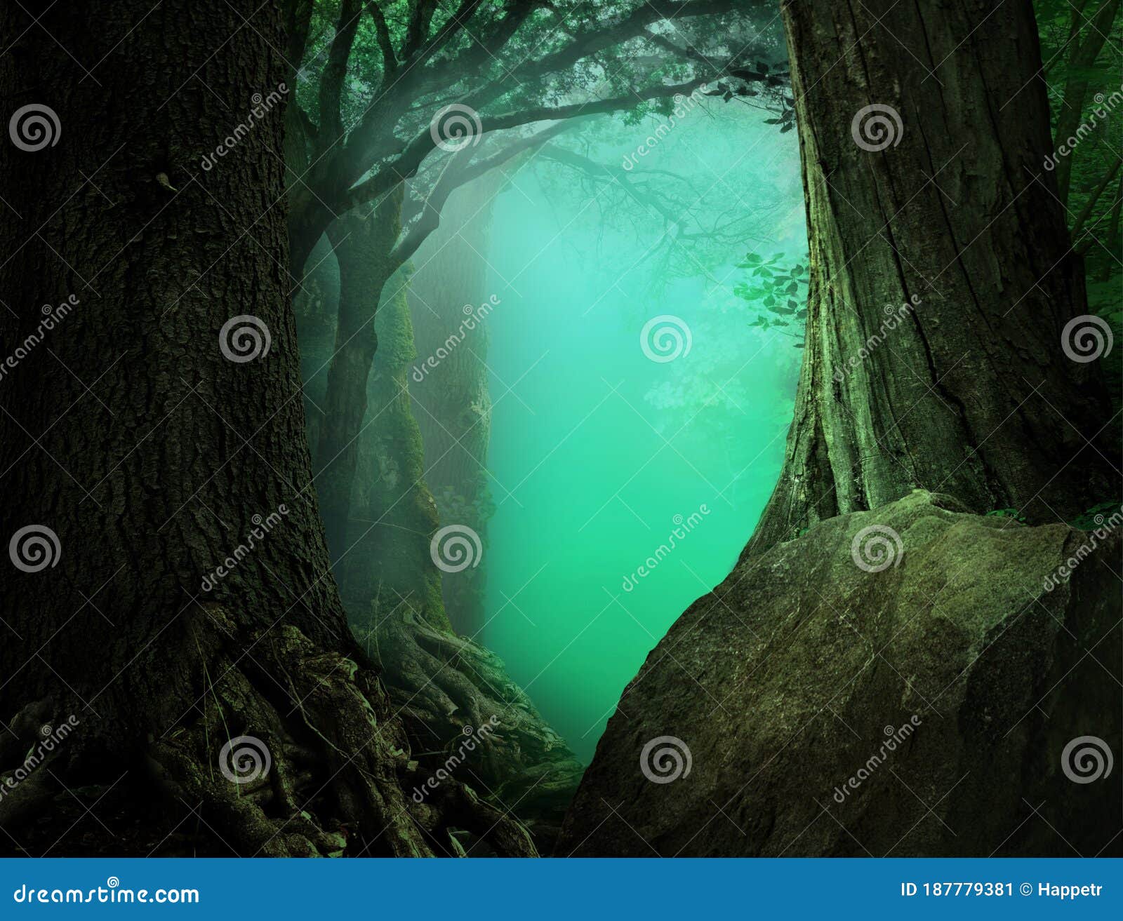 mysterious fantasy forest landscape with light blue transparent haze on a background