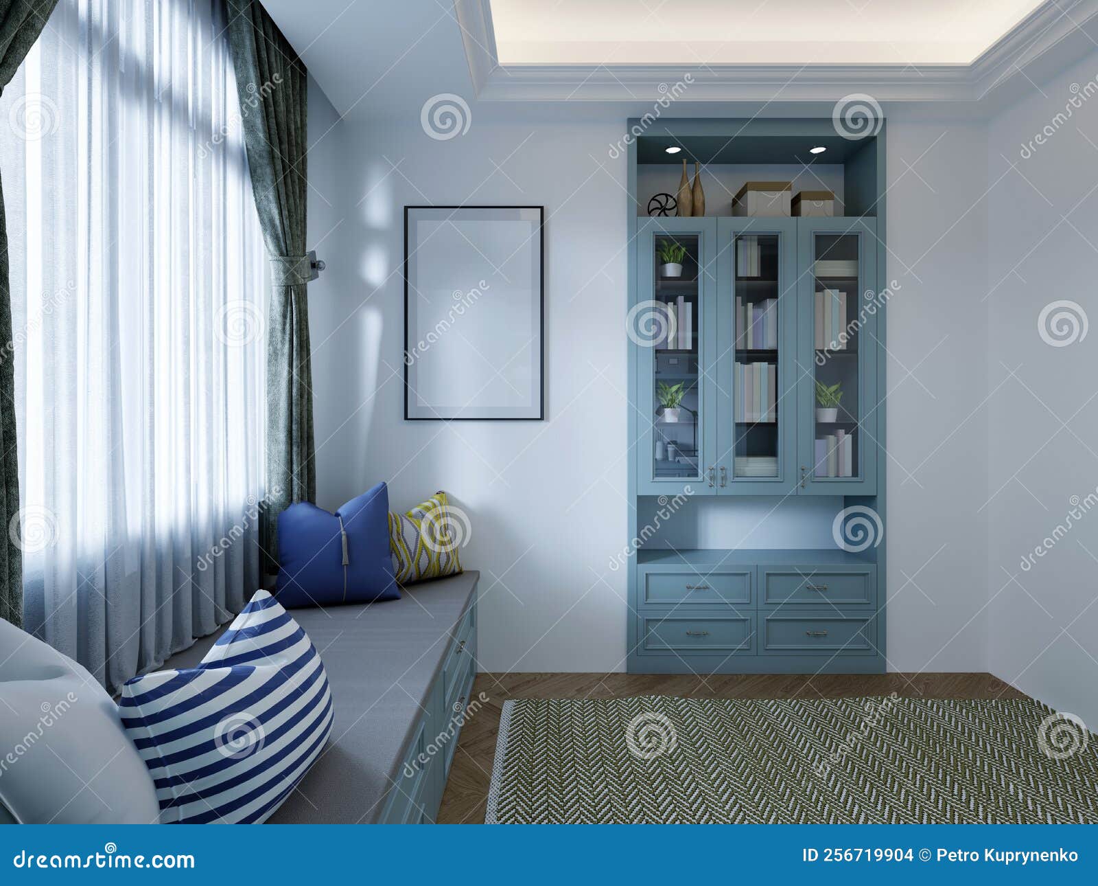 A Turquoise Bookcase with Books and a Bench with Pillows in the