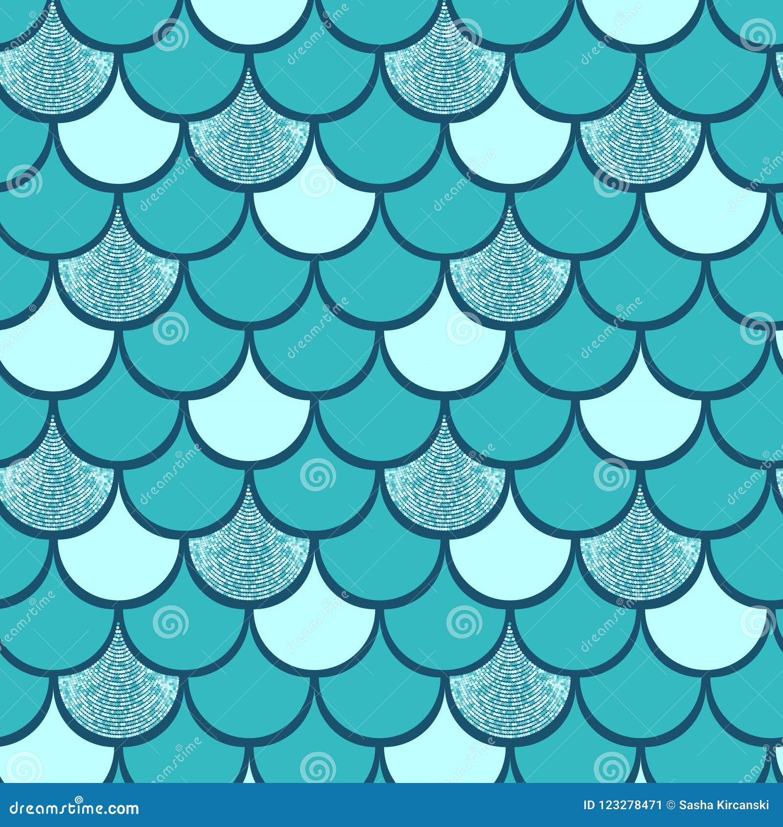 Turquoise Fish Scale Geometrical Vector Pattern with Glitter Effect