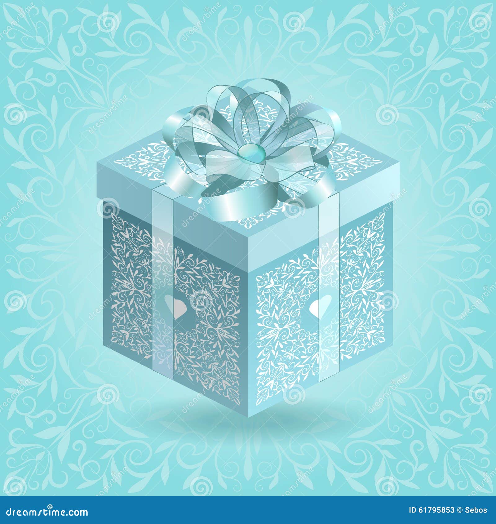 Turquoise Ornate Gift Box With Silk Ribbon And Bow Stock Vector