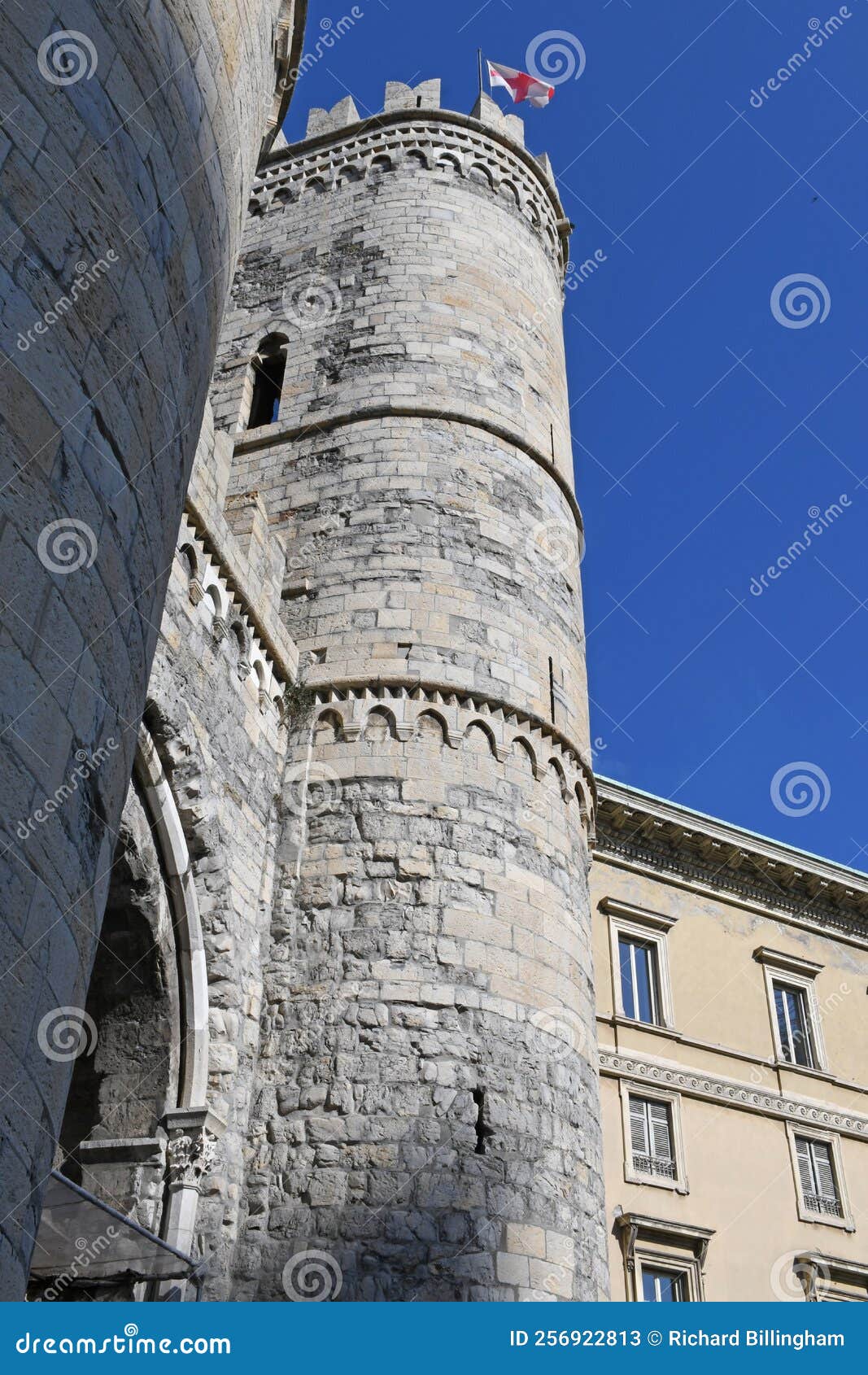 turreted towers of porta soprano, piazza danta, genoa, italy