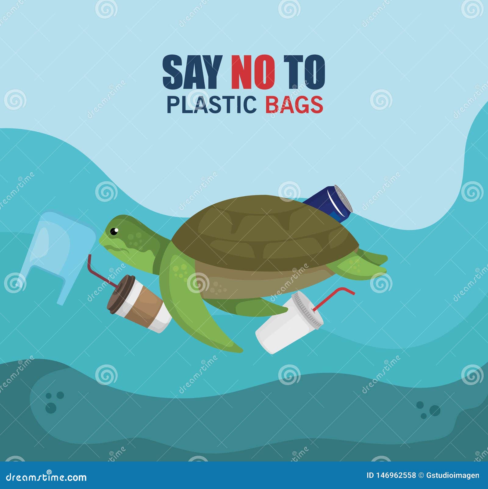 Turtle Animal in the Sea with Toxic Plastics Contamination Stock