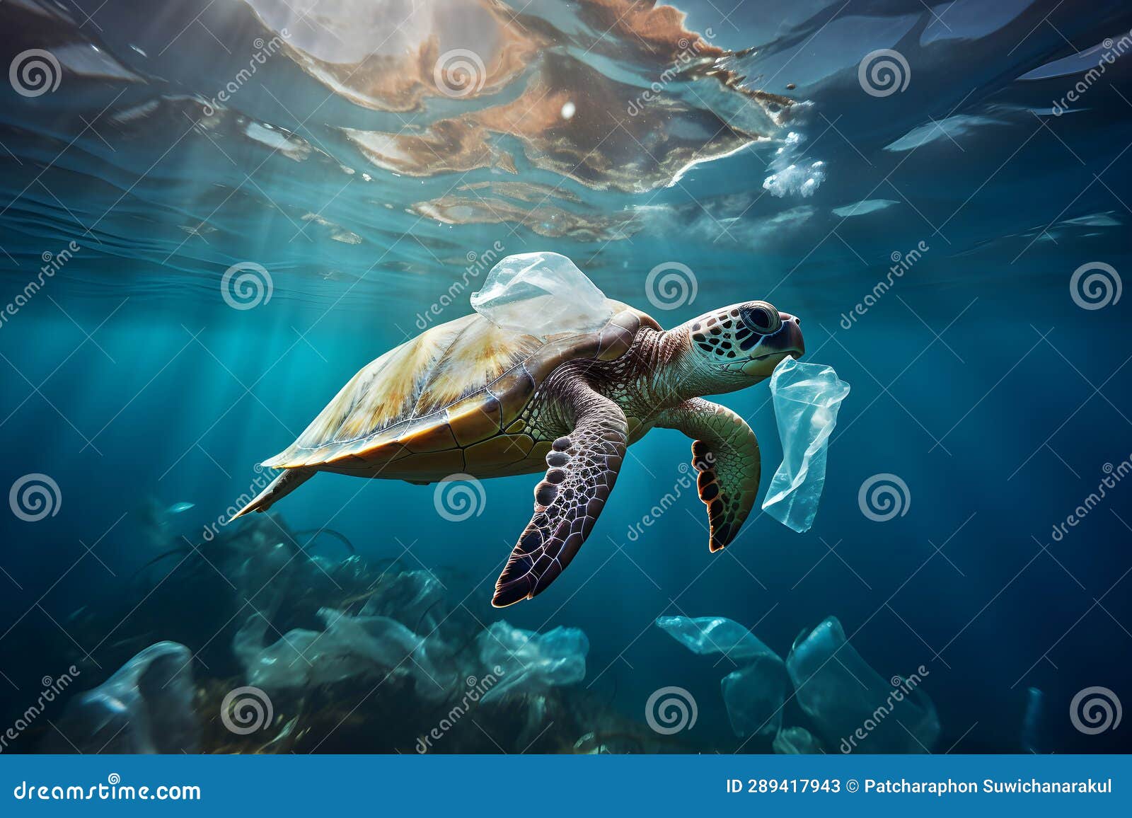 A Turtle Eating Plastic Bag. Plastic Pollution in Ocean, Water