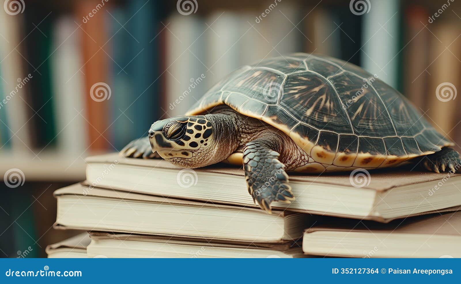a charming turtle asleep on stacks of dusty ledgers in a cozy library setting