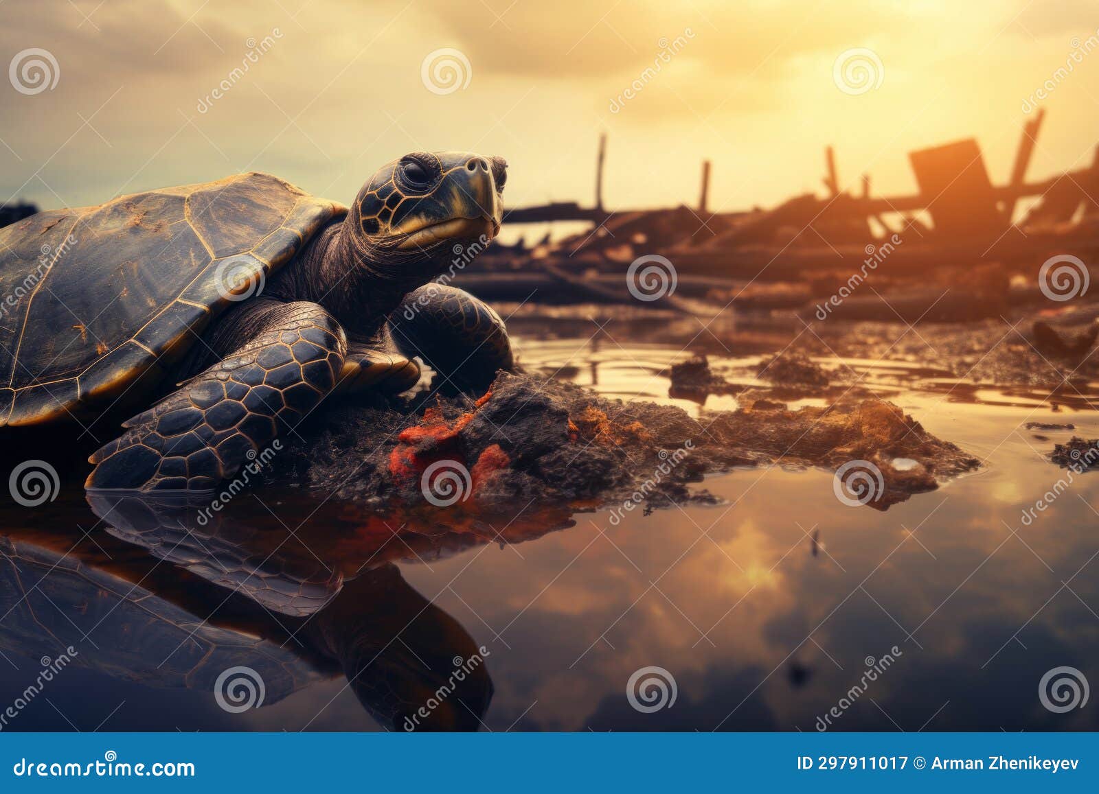 turtle in toxic oil pollution. environmental issues concept