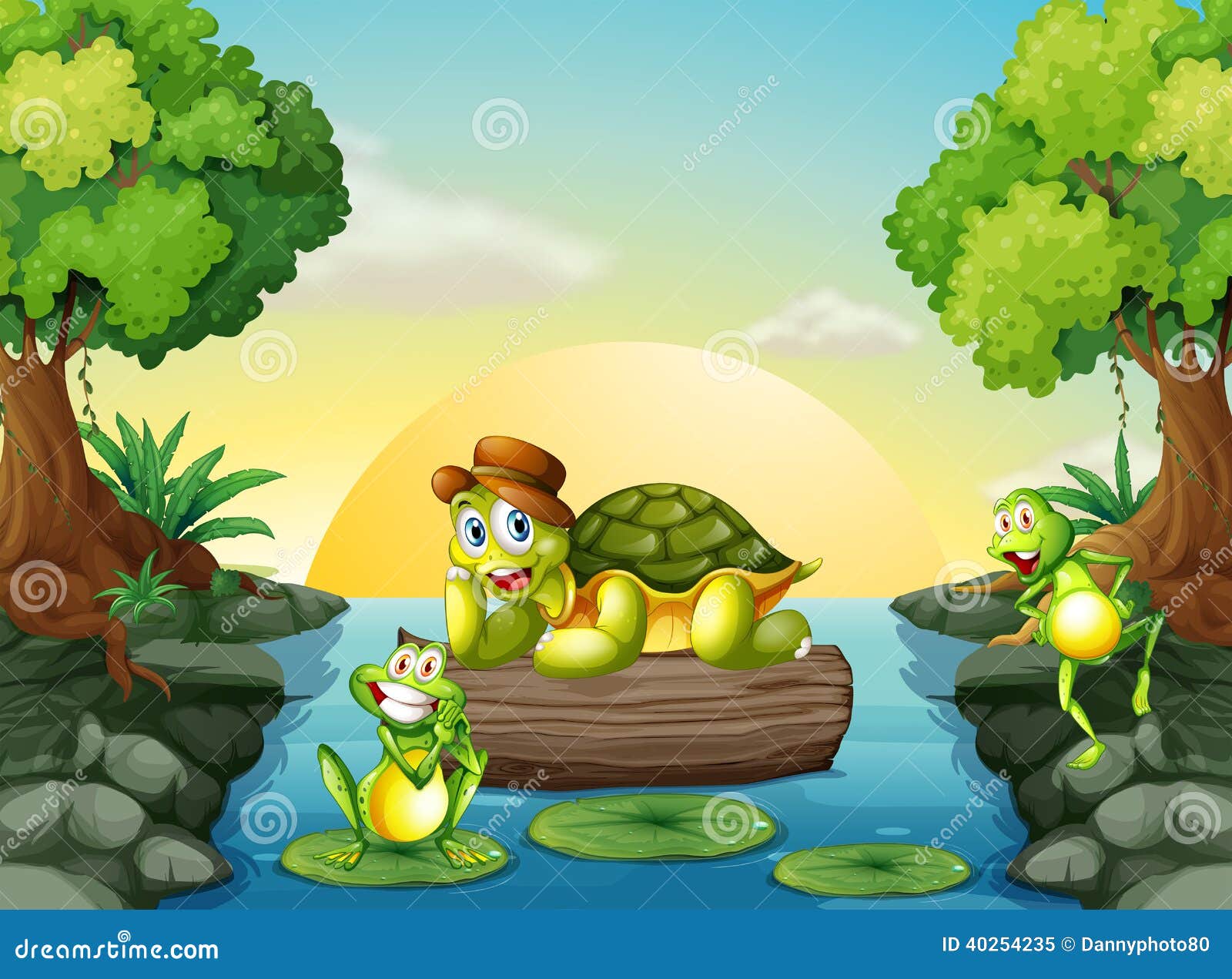 A Turtle And The Two Frogs At The River Stock Vector - Illustration