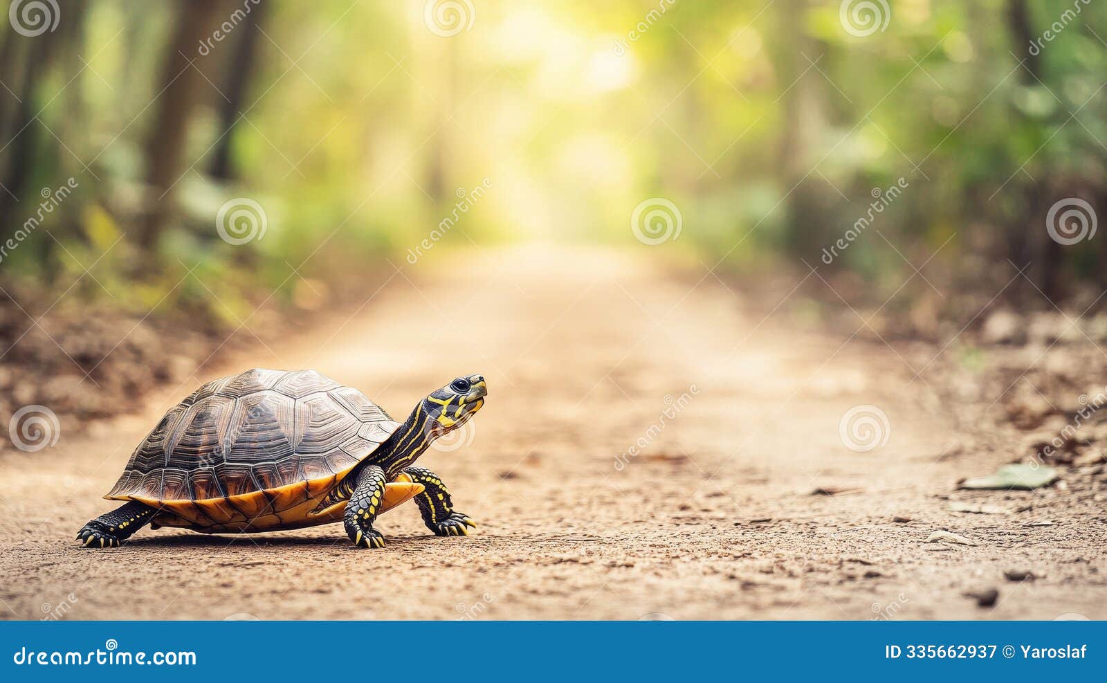 turtle walking along a dirt path in a sunlit forest with soft greenery in the background