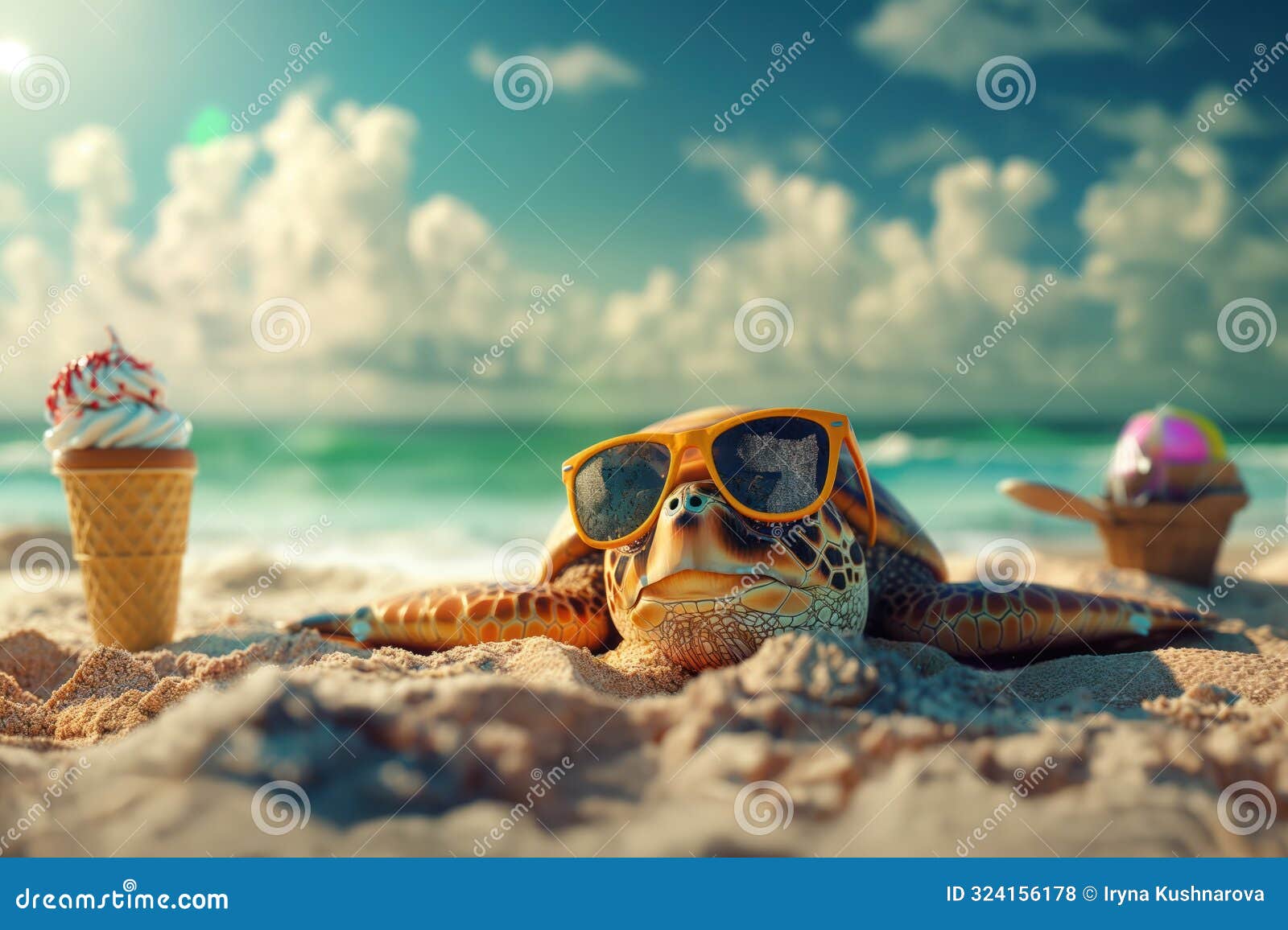 turtle wears sunglasses on beach with ice cream cone and colorful basket. relaxing sea creature enjoys sunny day near ocean with