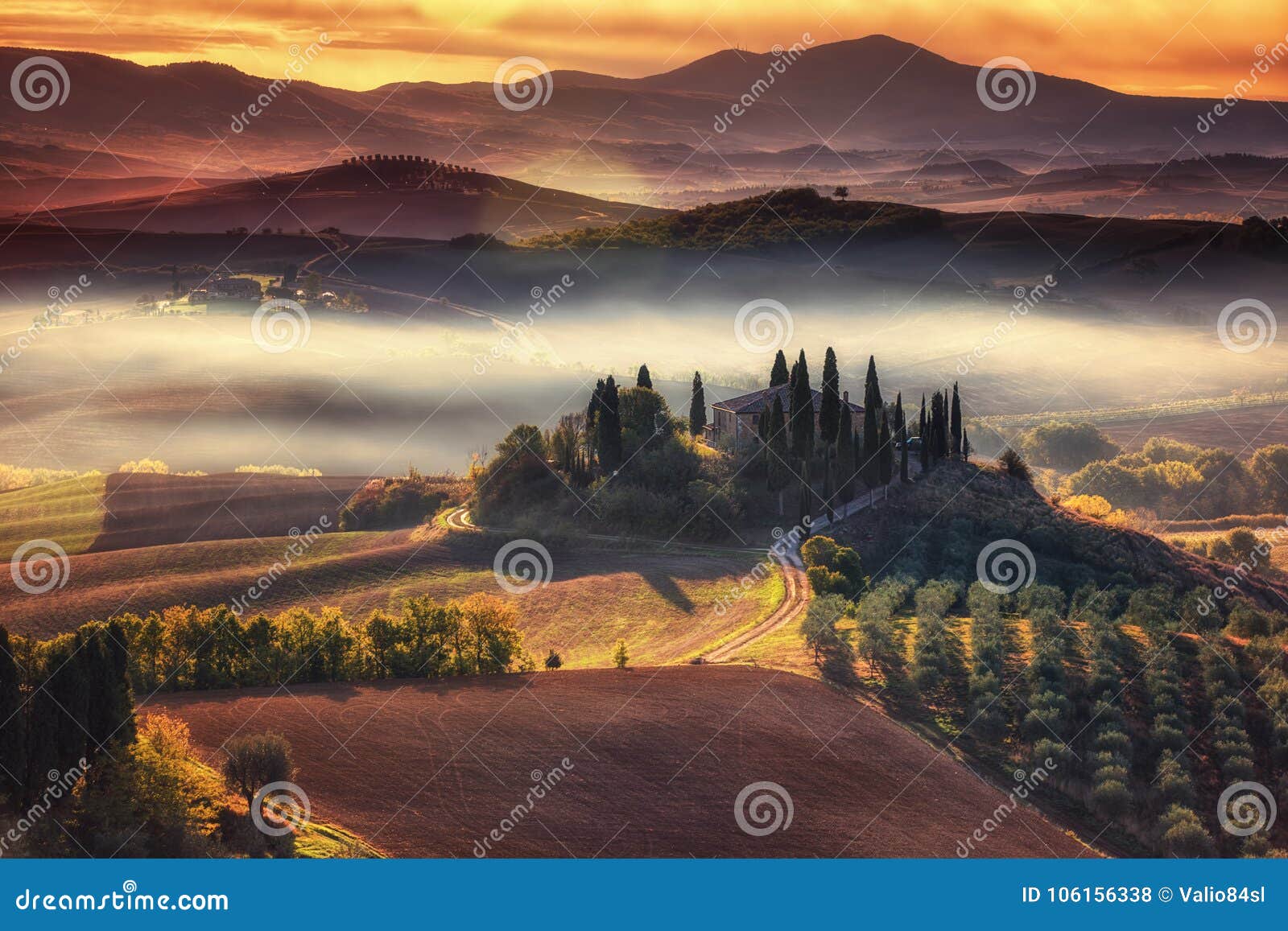 tuscany, panoramic landscape with famous farmhouse rolling hills
