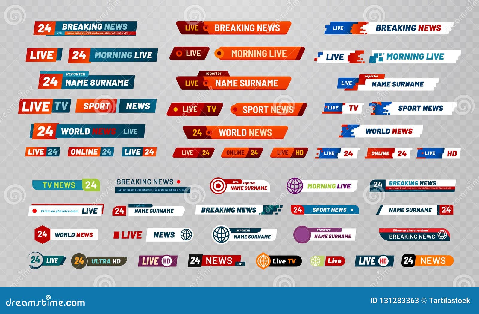 tv broadcast title. television broadcasting channels banners, show titles and news live video banner  set