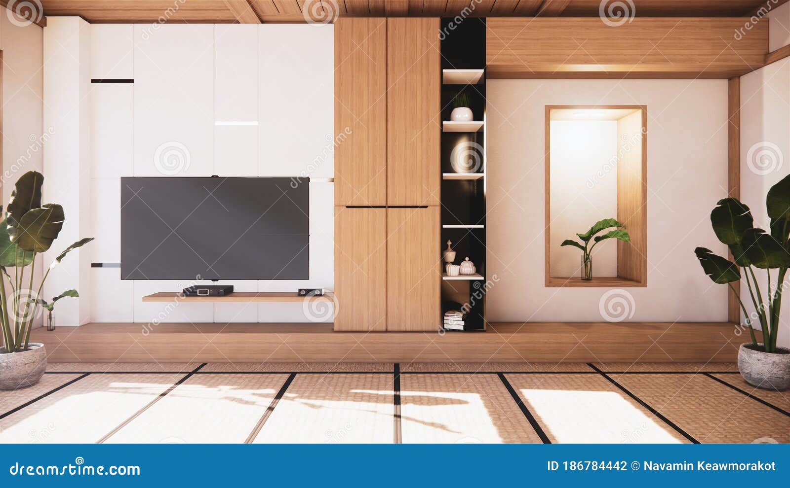 Tv Cabinet And Shelf Wall Design Zen Interior Of Living Room Japanese Style3d Rendering Stock Illustration Illustration Of Elegance