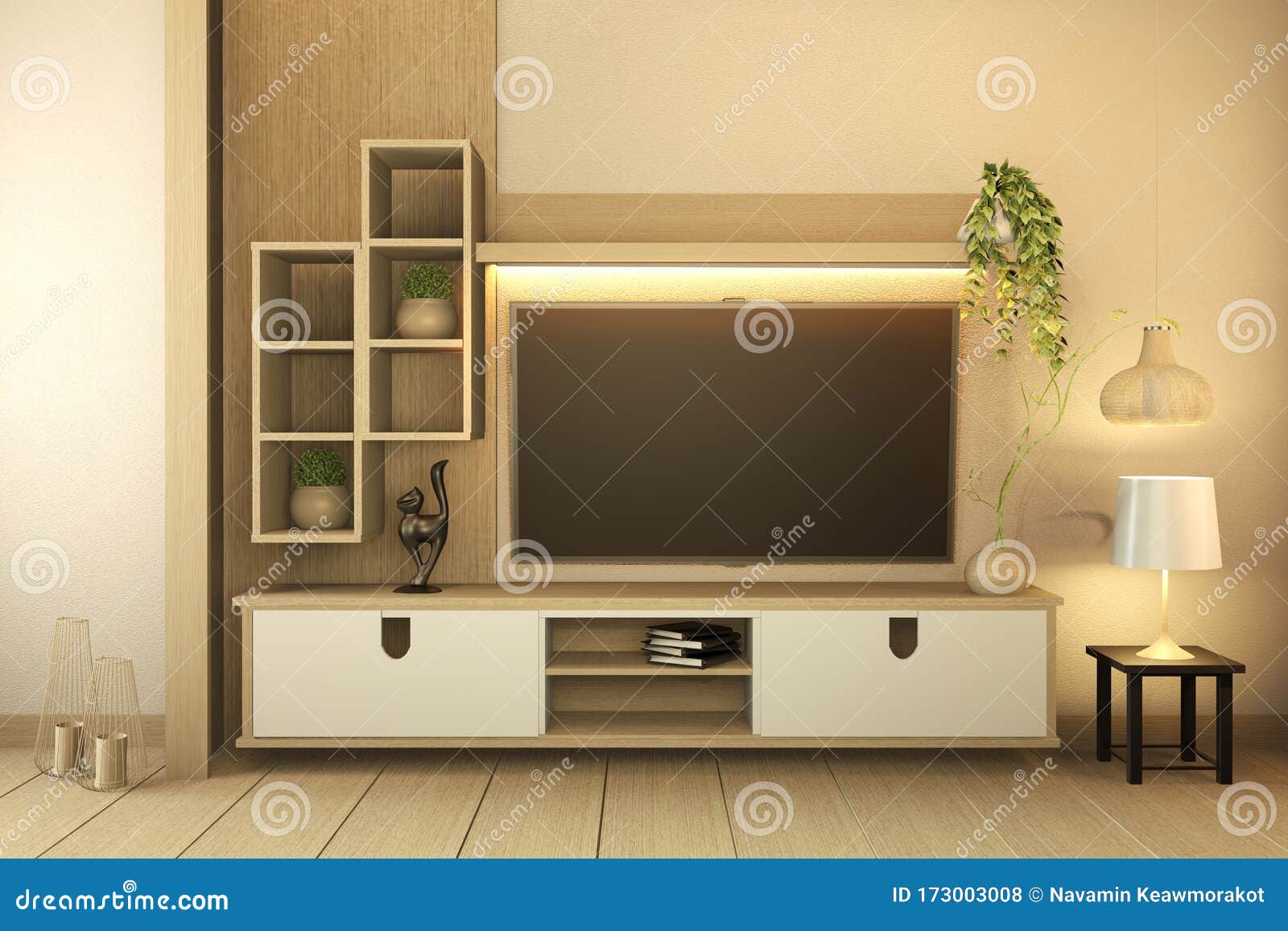 Mock Up TV Cabinet on White Wood Flooring and White Wall ...