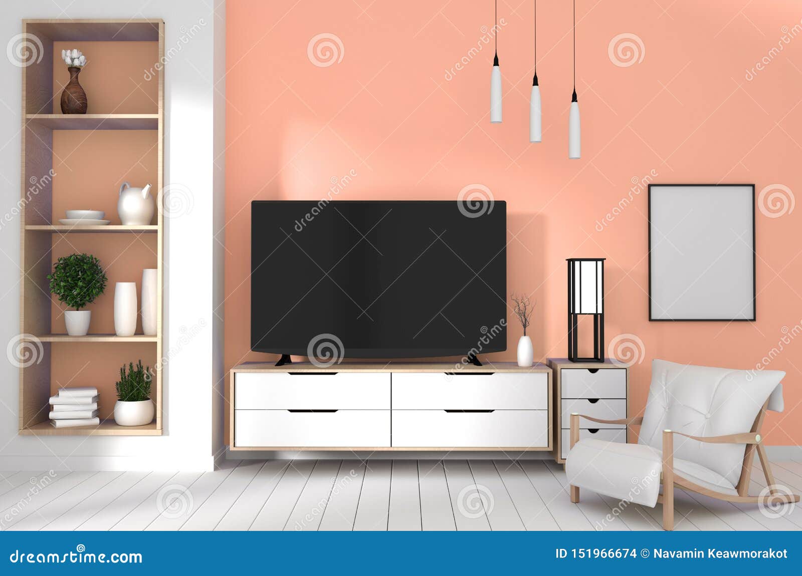 Mock Up Tv Cabinet On White Wood Flooring And White Wall