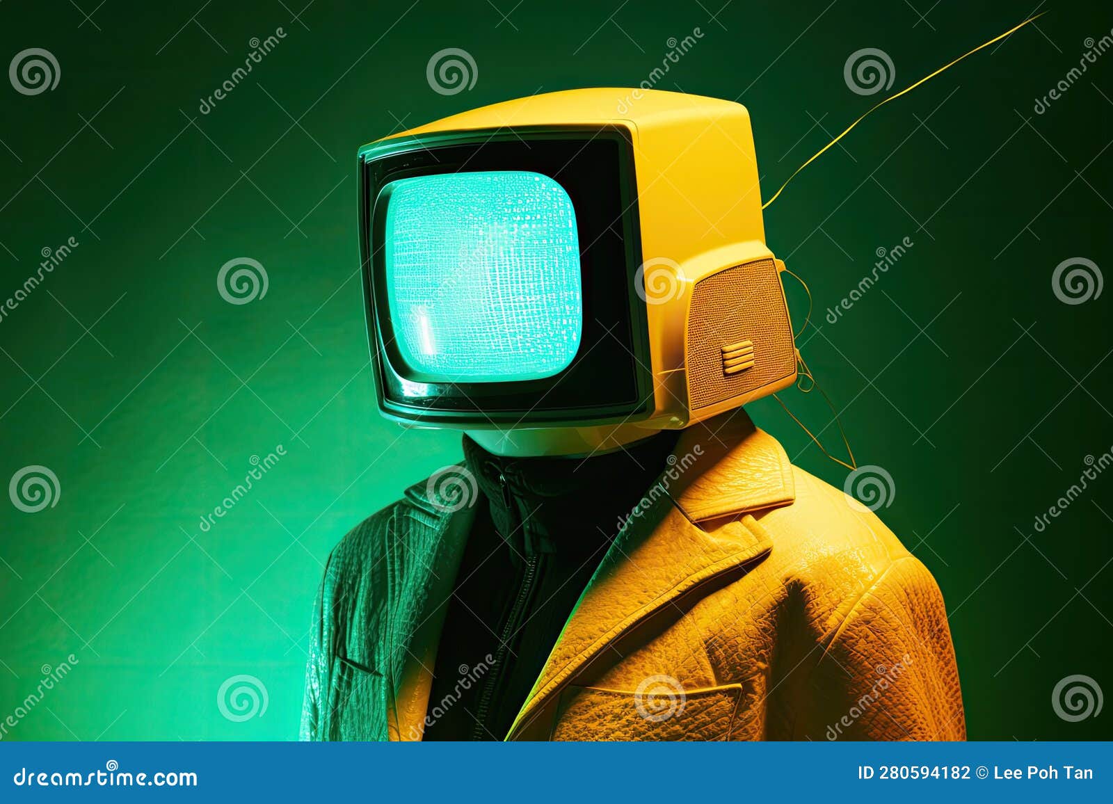 tv headman stands at the gradient background