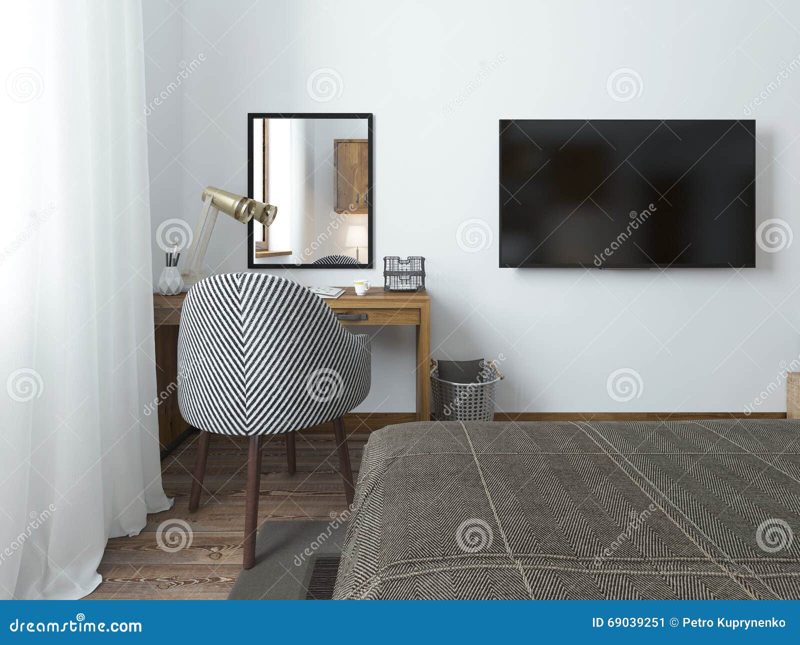 Tv het hangen op de muur en het bureau in de slaapkamer in de ...