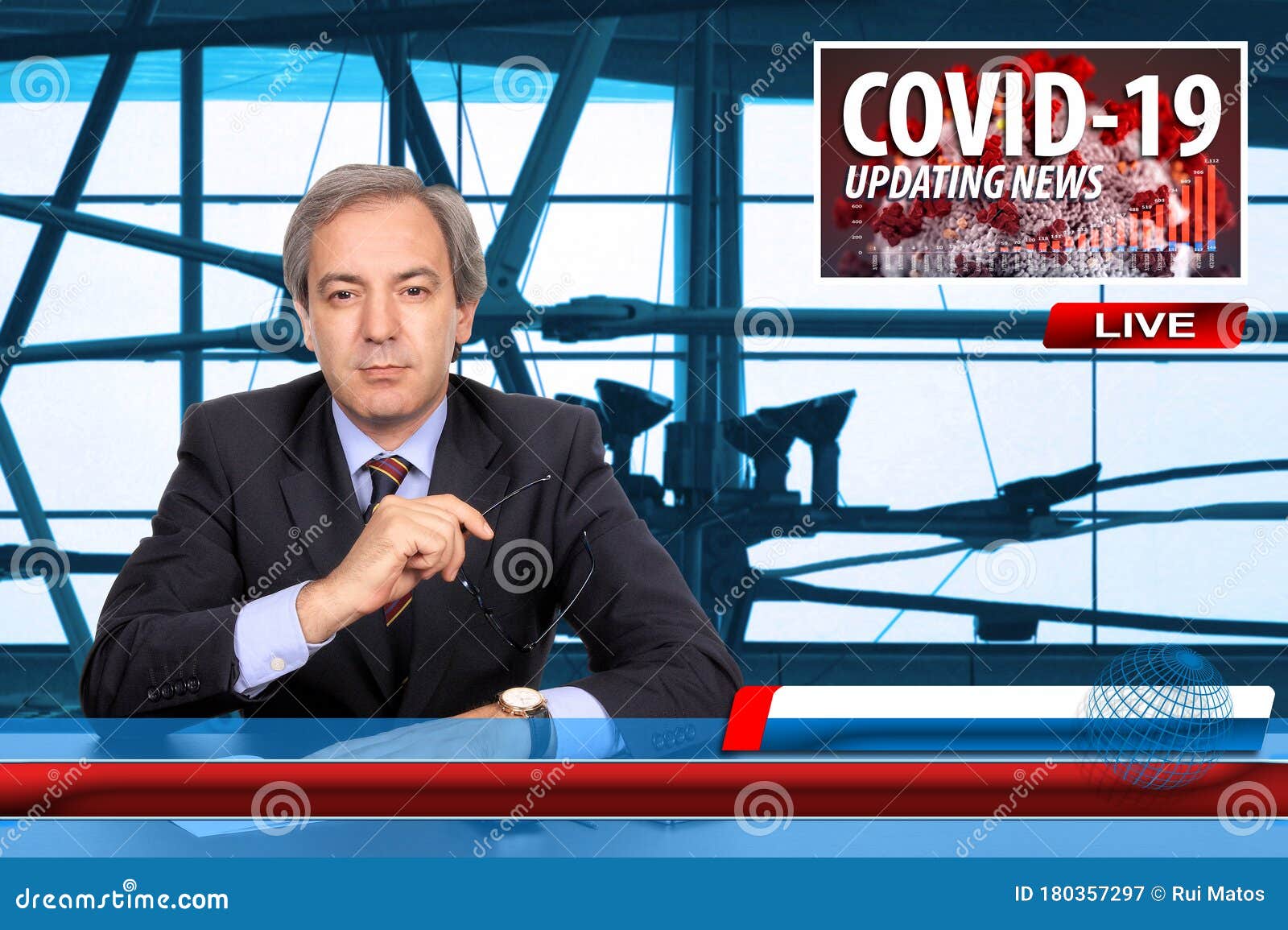tv news screen with male anchorman reporting latest news on the novel pandemic coronavirus covid-19