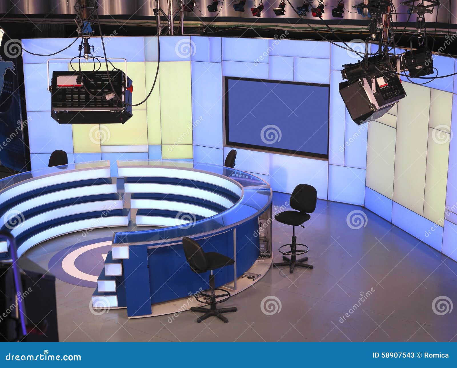 TV NEWS Studio with Light Equipment Ready for Recording Stock Image