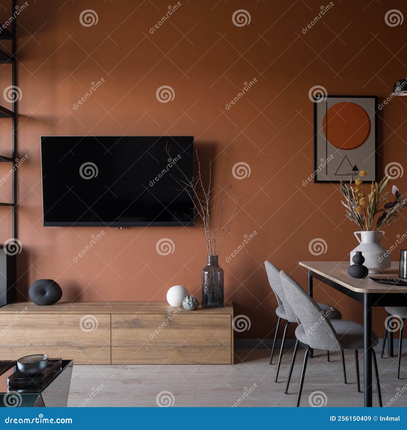 Tv on Orange Wall in Dining Room Stock Image Image of light, flooring
