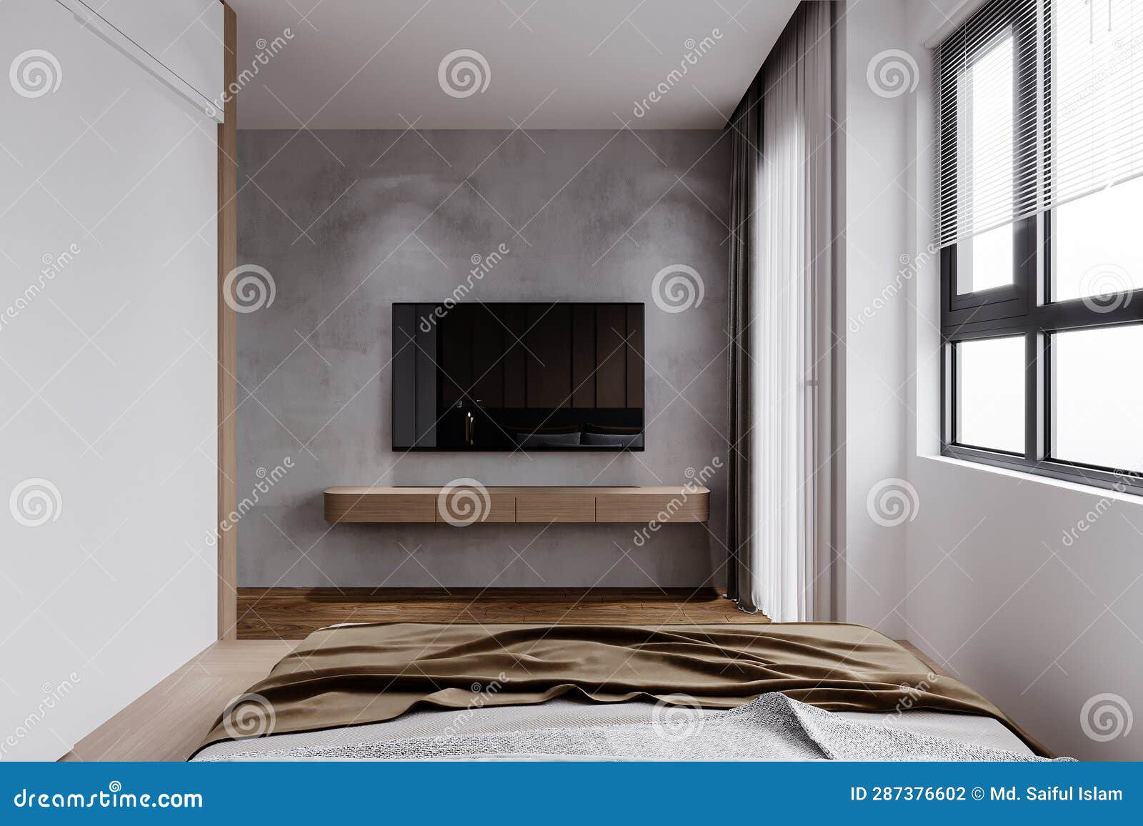 TV Placement Behind Gray Wall Paint in Tiny Bedroom Stock Photo Image