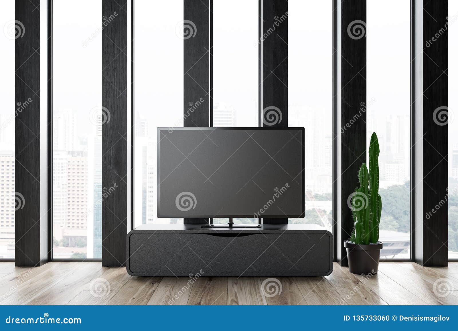 Tv Set In Dark Wooden Living Room Interior Stock Illustration
