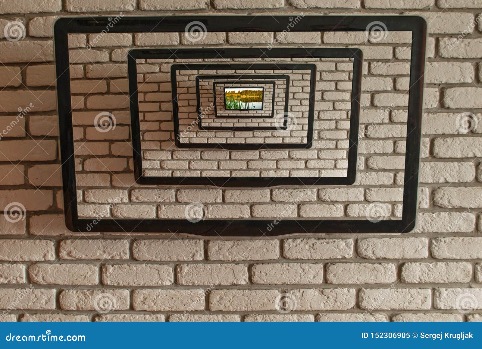 TV on the Wall of Gray Decorative Brick Stock Image Image of isolated