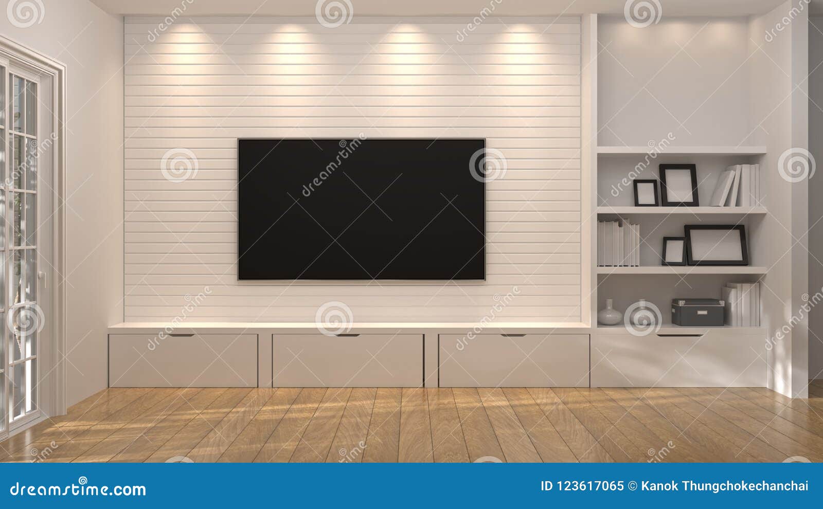 Tv with White Cabinet in the Room 3d Illustration Furniture,modern Home  Designs,background Shelves and Books on the Desk in Front Stock  Illustration - Illustration of home, area: 123617065