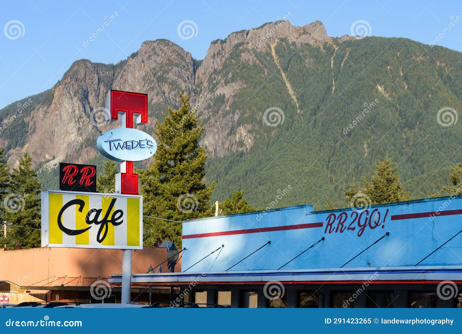 Twede S Cafe and Double R Diner in Front of Mount Si with Signage and