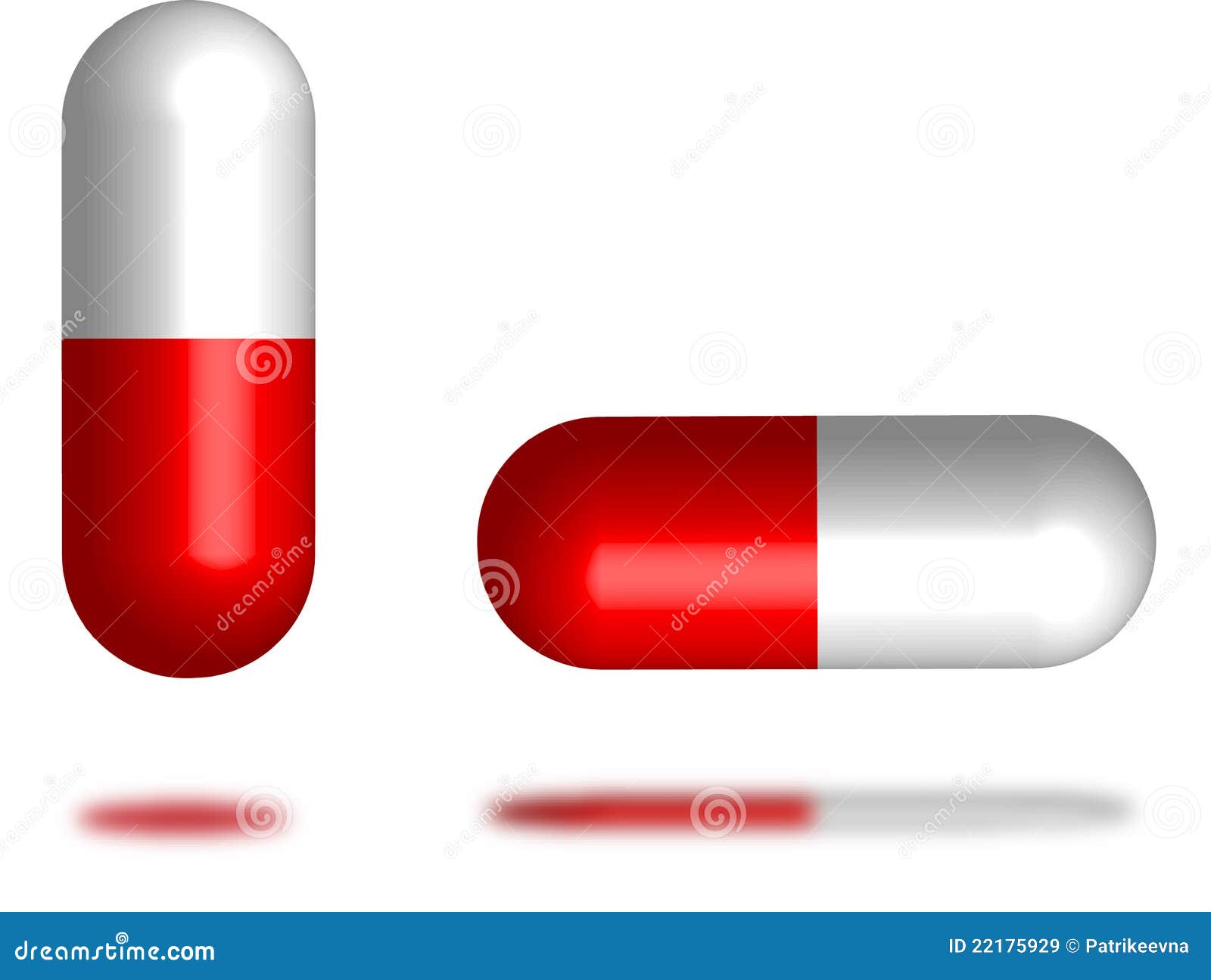 Twee pillen. Twee rode en witte pillen die op de witte achtergrond worden geïsoleerdi