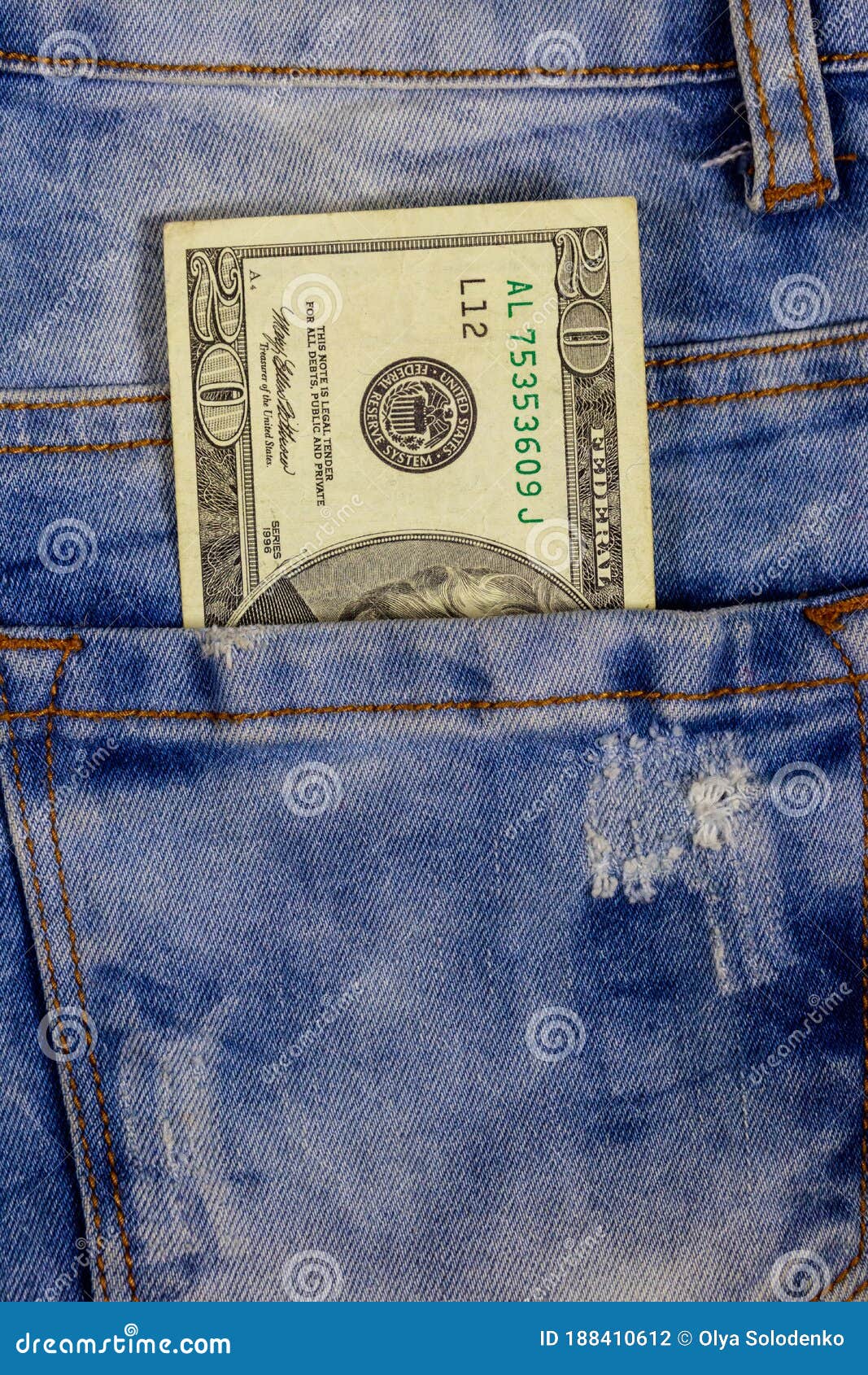 Twenty Dollars Bill in Pocket of Blue Jeans Stock Photo Image of