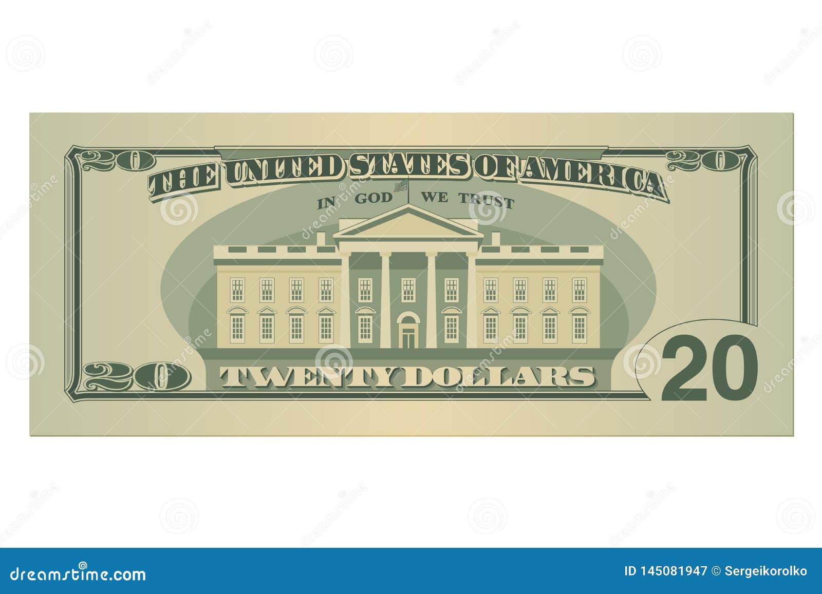 Twenty Dollars Bill. 20 US Dollars Banknote, Back Side. Vector ...