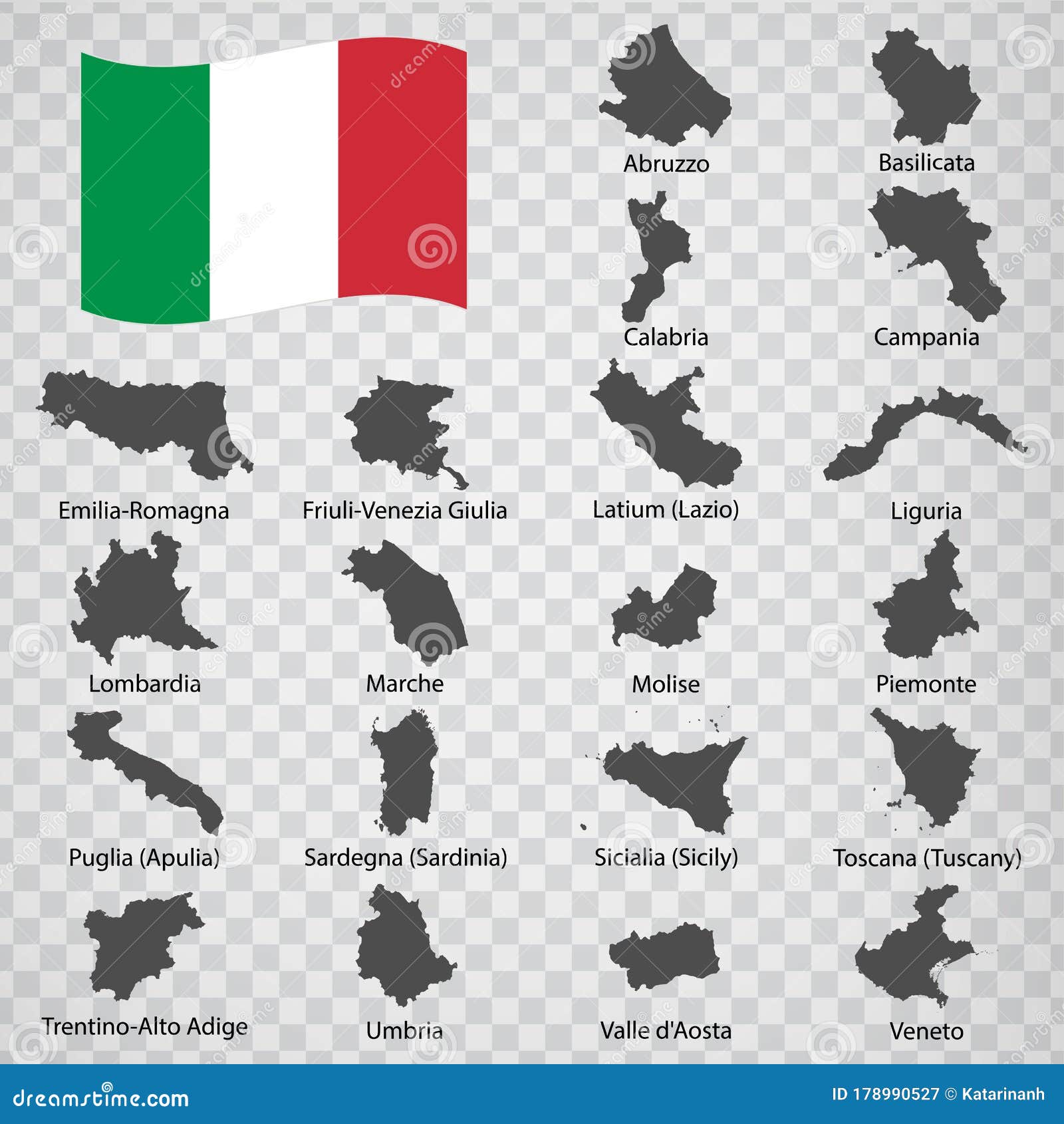 twenty maps regionÃâ of italy - alphabetical order with name. every single map of region are listed and  with wordings