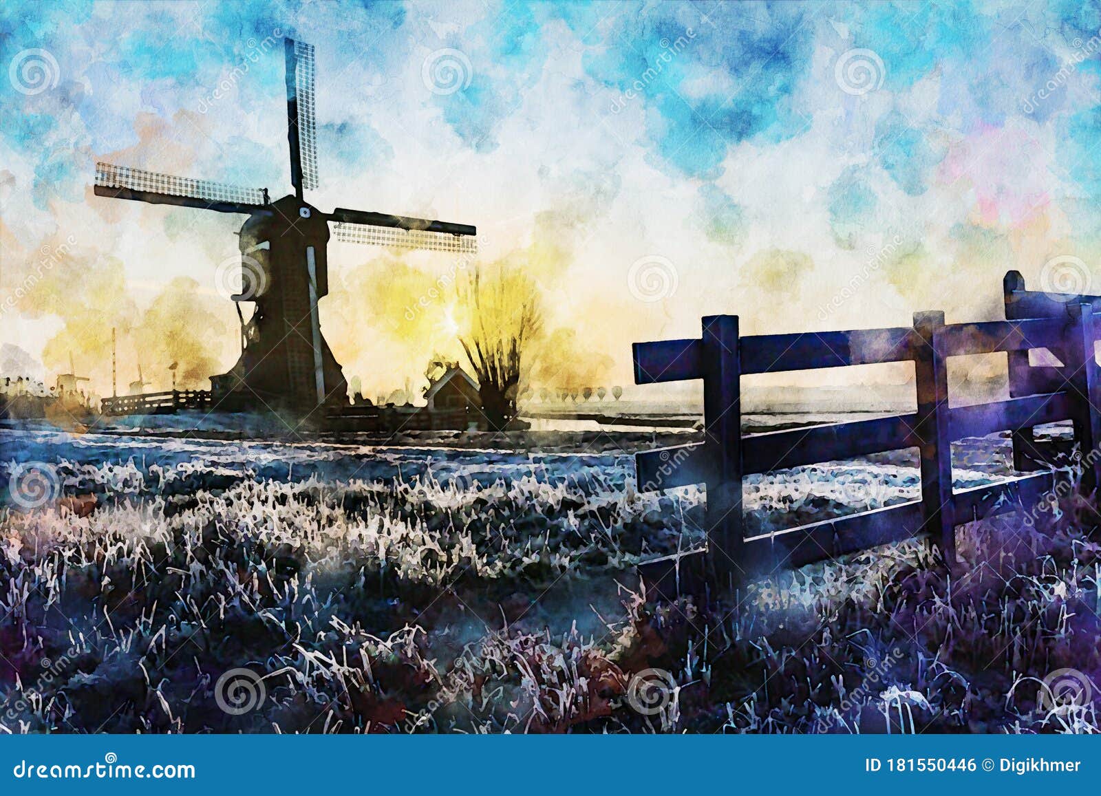 twight light sunrise on the unesco heritage windmill watercolor