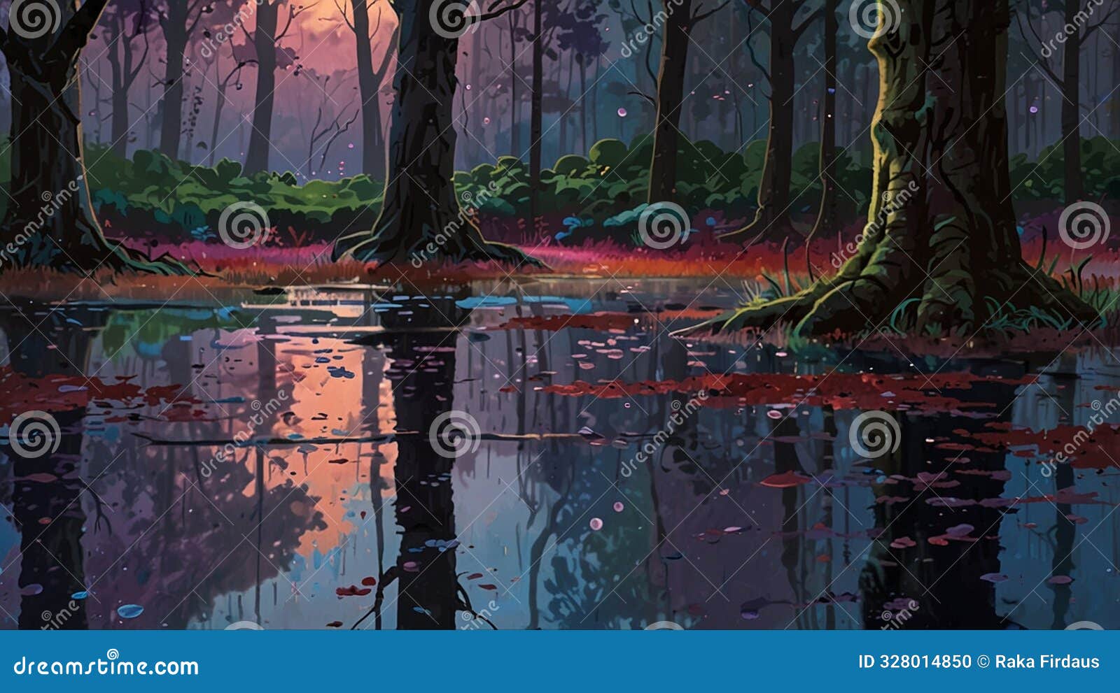 twilight forest rain of vibrant hues falls gently, creating a surreal and enchanting atmosphere.