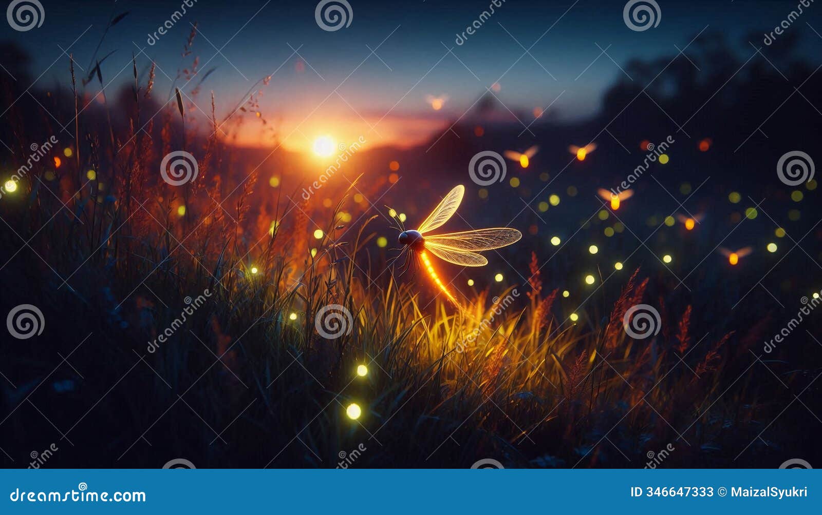 twilight meadow with glowing firefly in 8k hyper-realistic macro scene