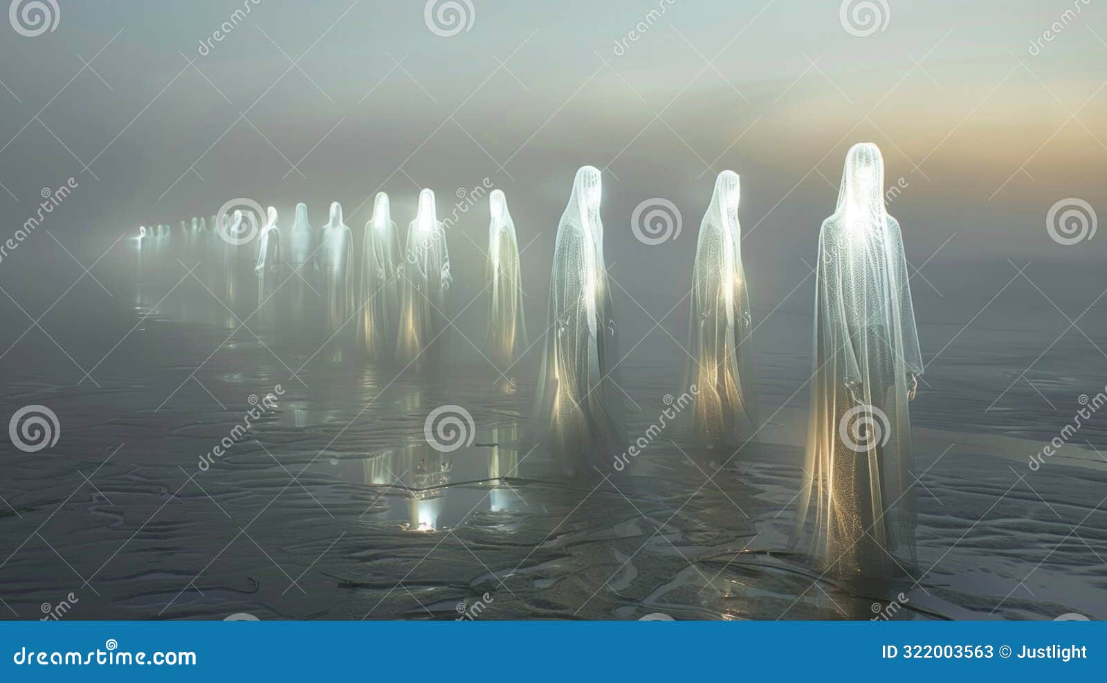 the twilight mist seems to part as a row of ghostly figures materializes their translucent bodies illuminated by an