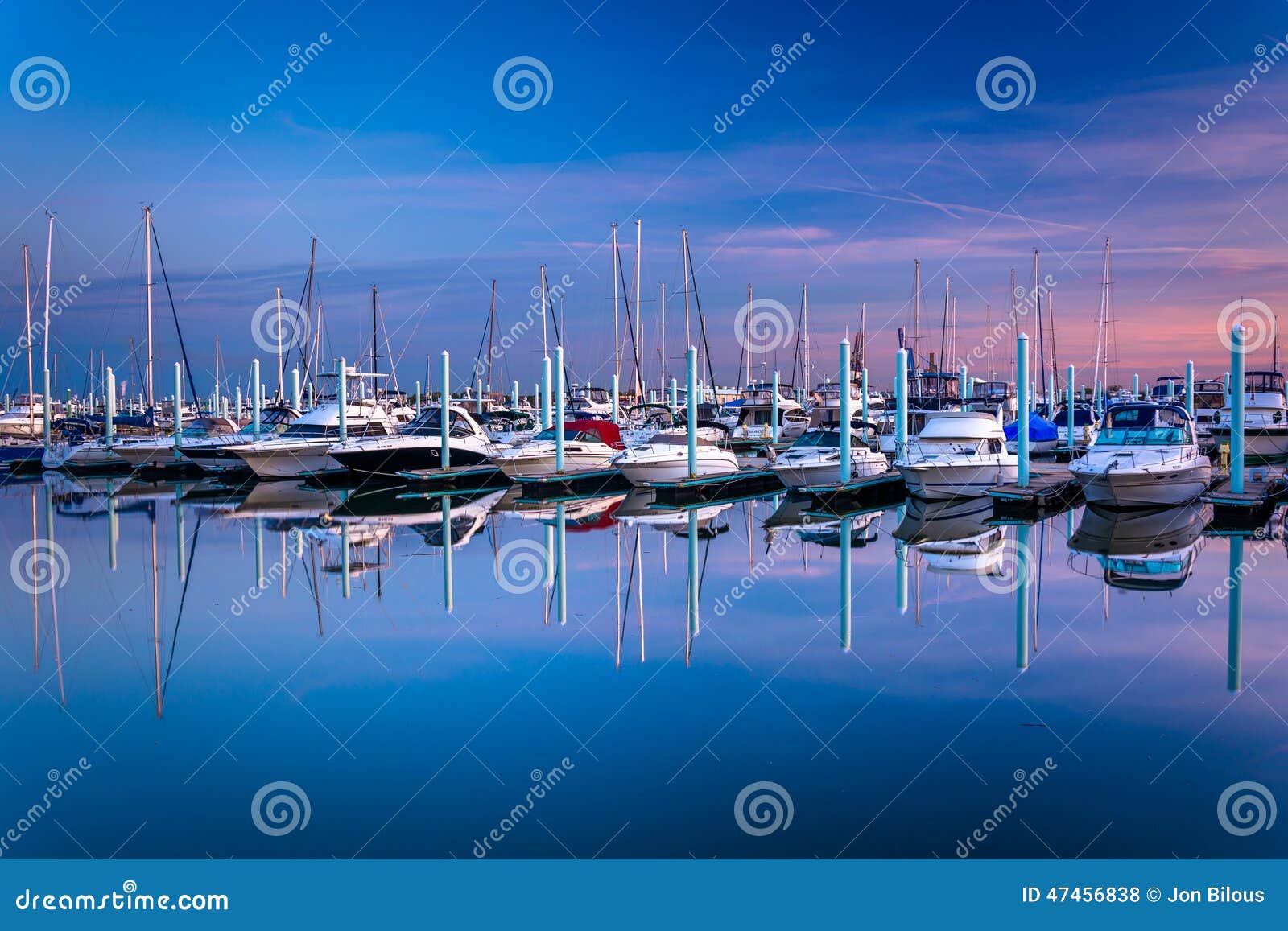 twilight reflections at a marina in canton, baltimore, maryland.