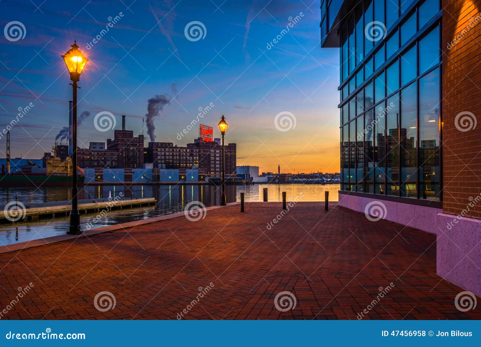 Twilight on the Waterfront in Fells Point, Baltimore, Maryland. Stock