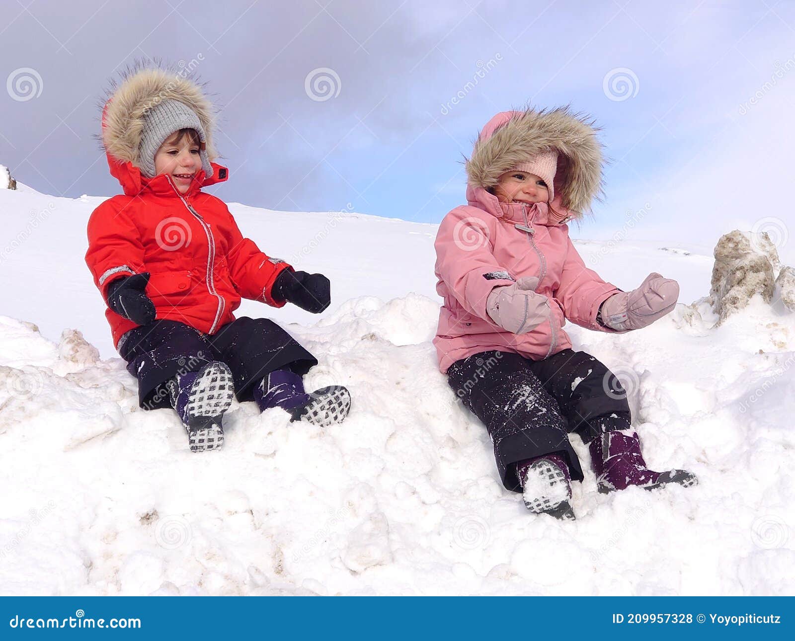 Twin Babies Playing in the Snow Stock Photo Image of footwear, relax