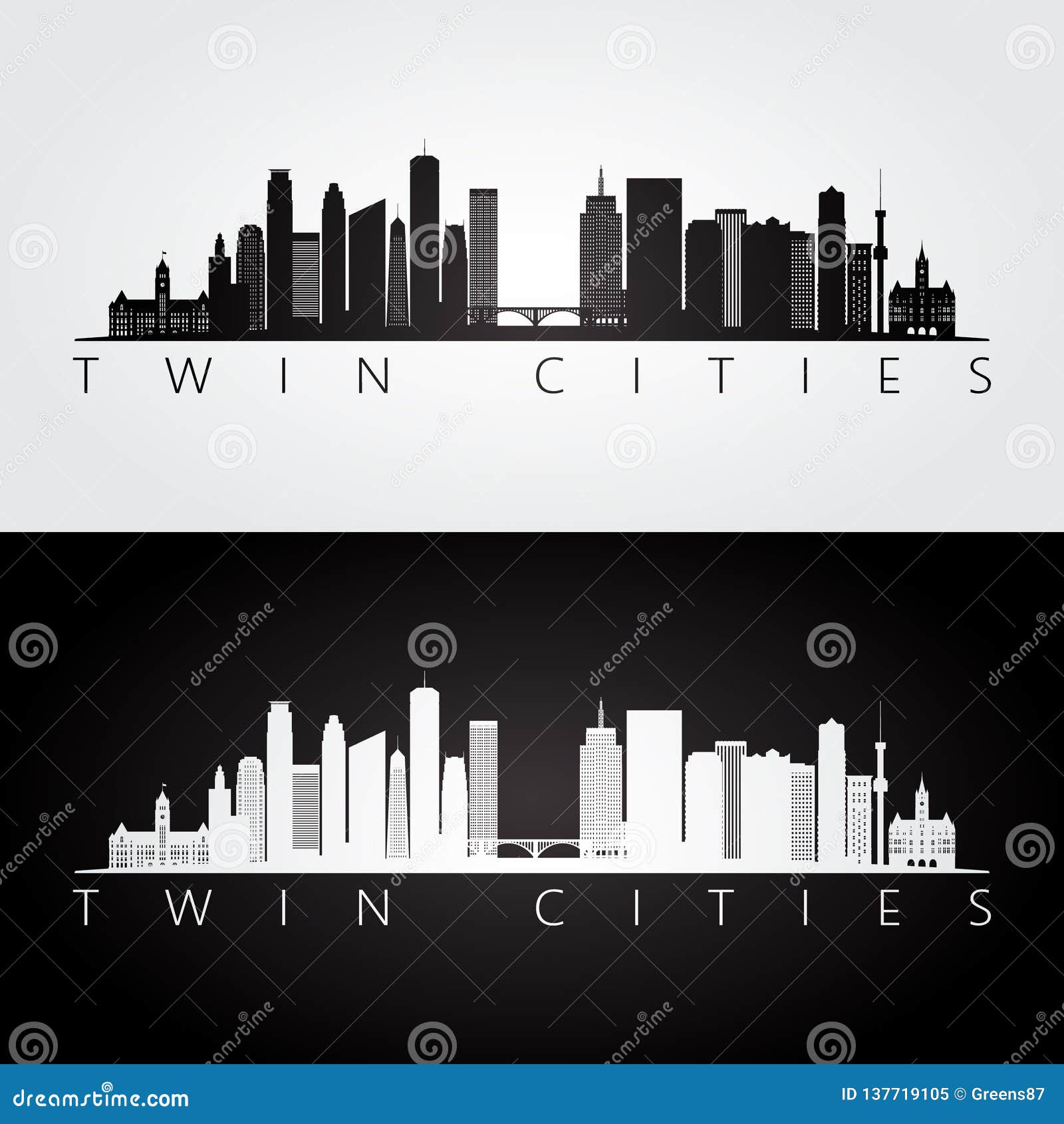 twin cities usa skyline and landmarks silhouette