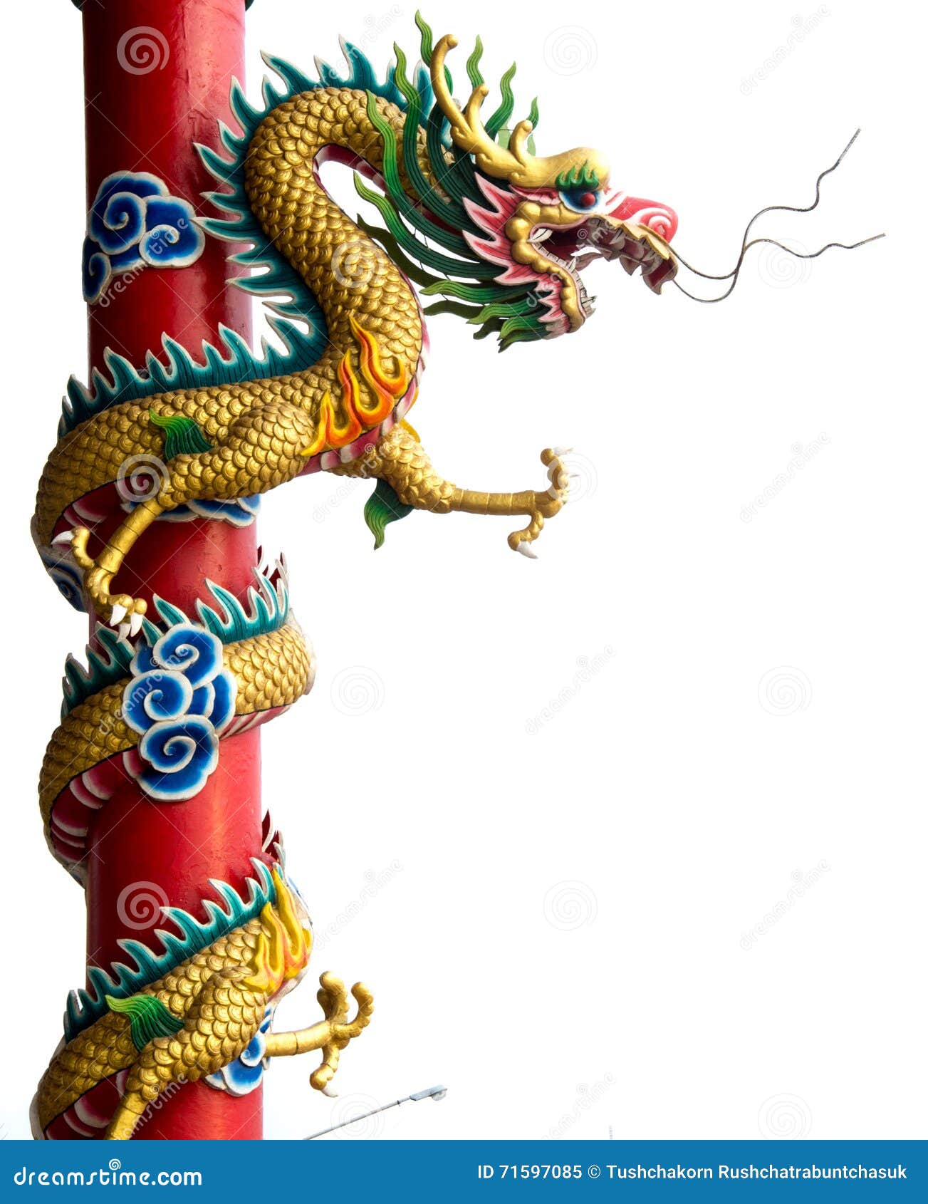 Twin Golden Chinese Dragon Wrapped Around Red Pole on Isolate