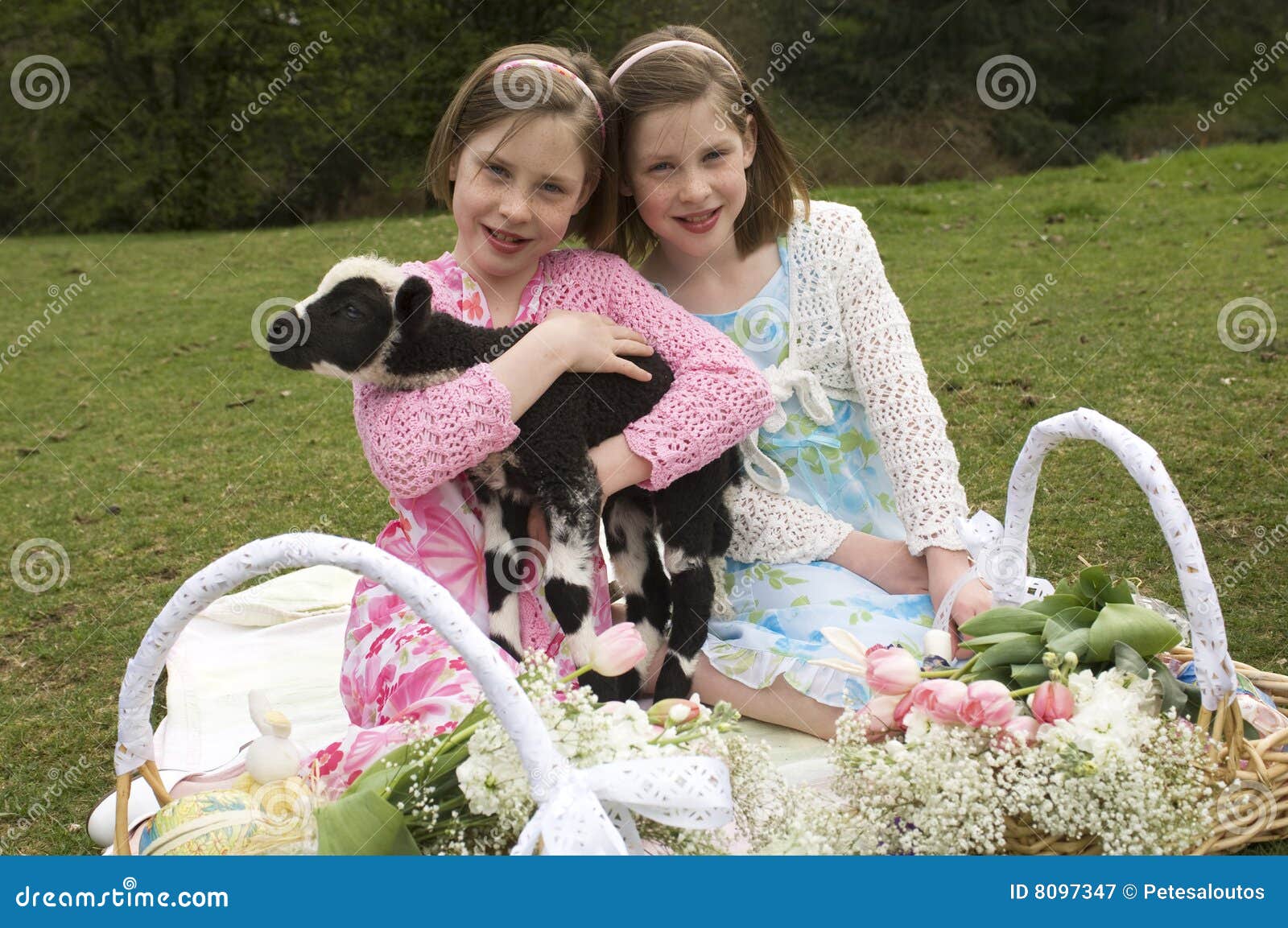 Twin Sisters with Lamb on Easter Stock Image Image of park, sheep