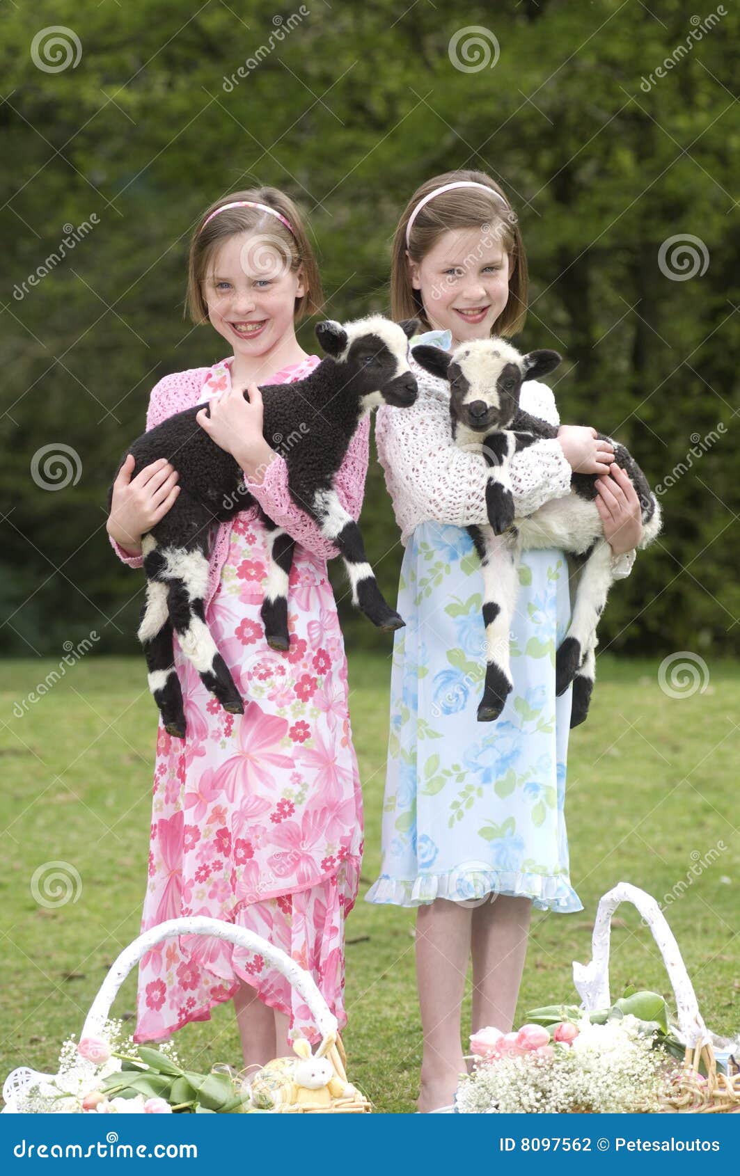 Twin Sisters with Lamb on Easter Stock Photo Image of easter, holiday