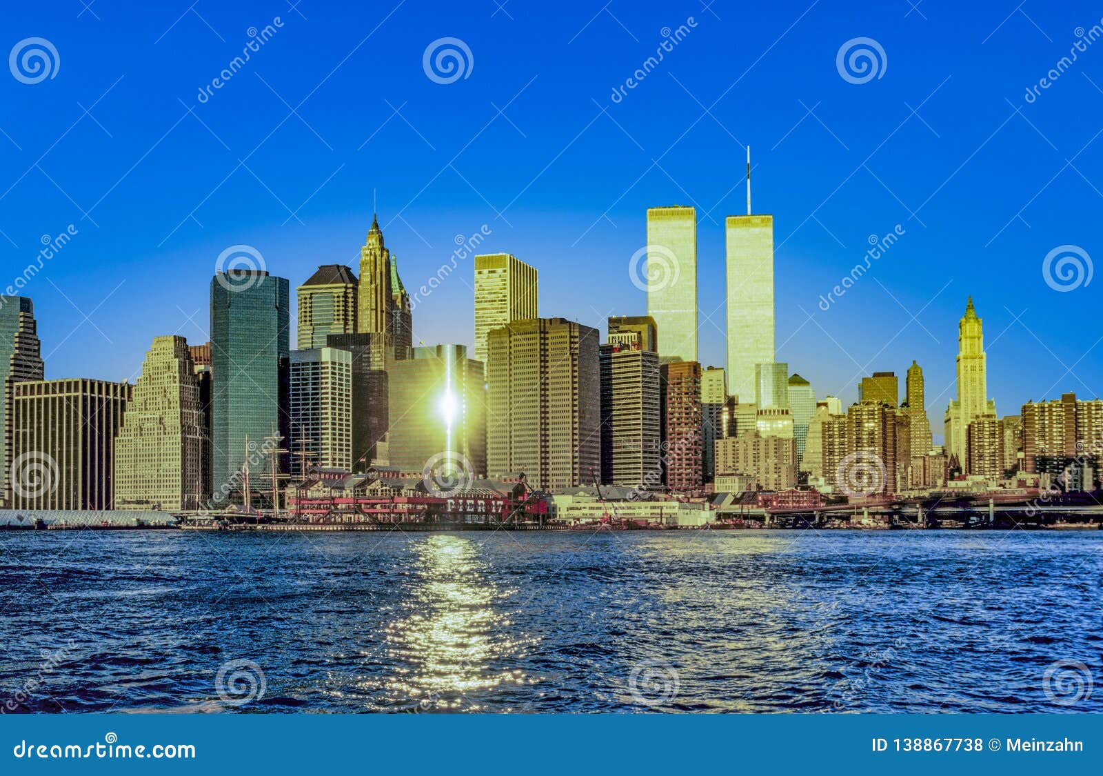 twin towers in new york in sunset