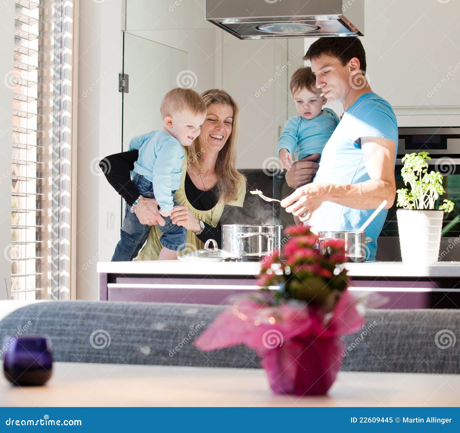 Twins rock the new kitchen stock image. Image of male 22609445