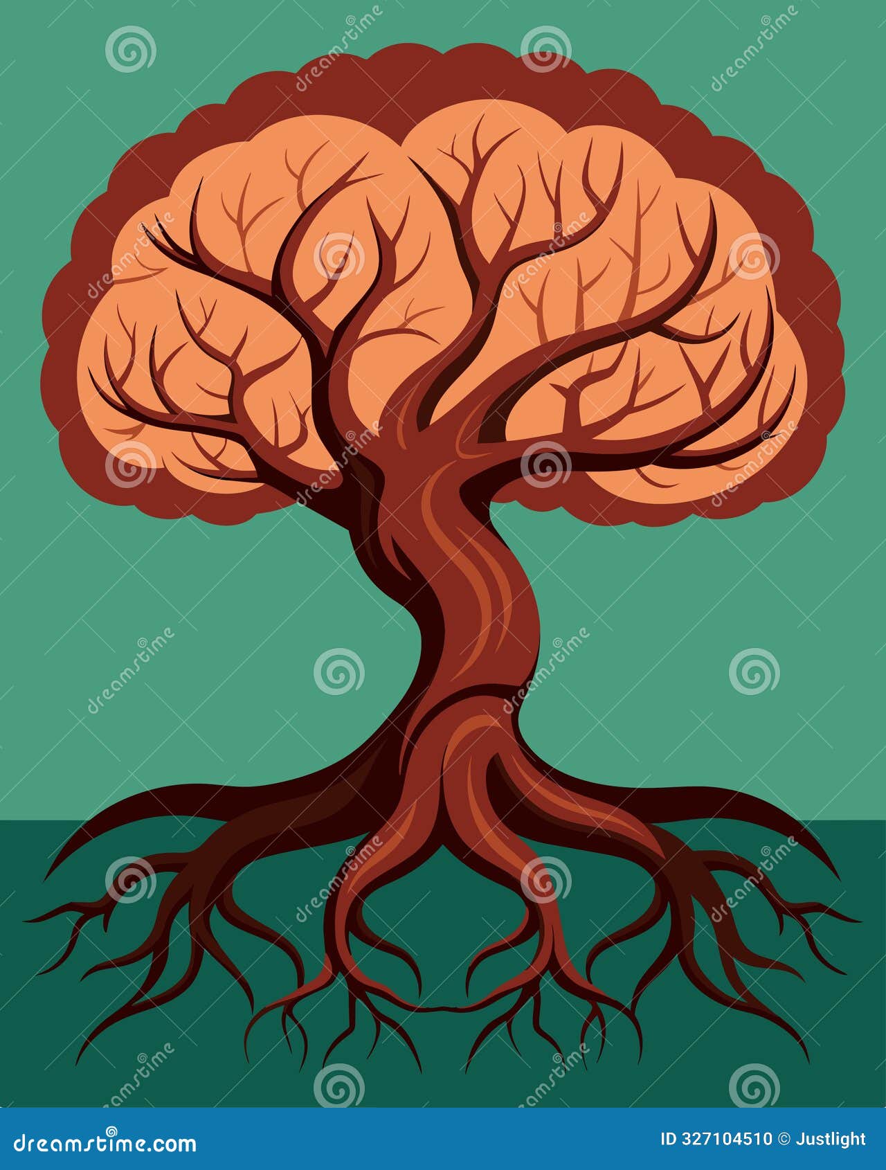 a twisted gnarled tree with a persons brain ped in its roots izing the deep roots of mental enslavement.. 