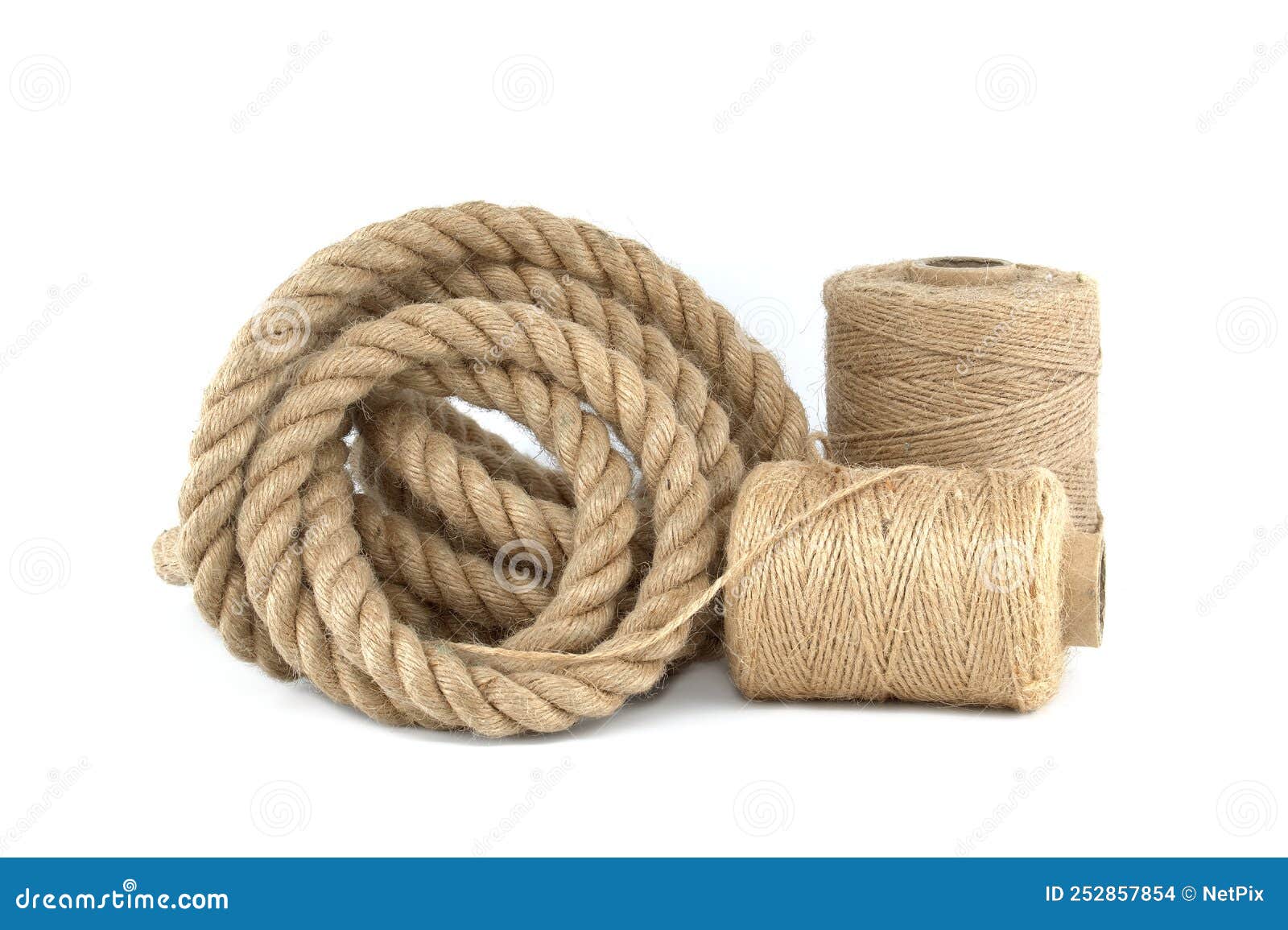 Twisted Jute Rope and Spools of Burlap Threads or Twine Stock