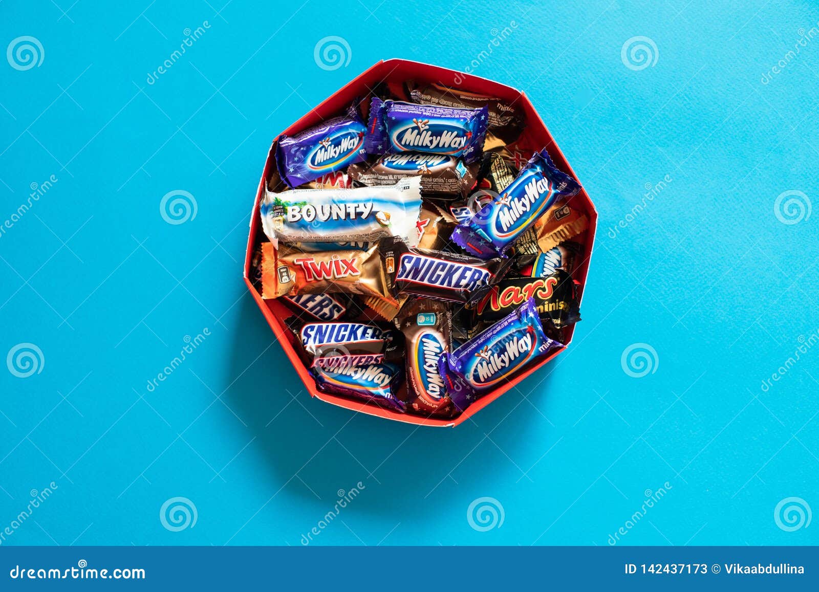 Twix, Milky Way, Snickers, Bounty, Mars Popular Mini Candy Chocolate Bars  on Blue Background in Box Editorial Stock Photo - Image of enjoy, cookie:  142437173