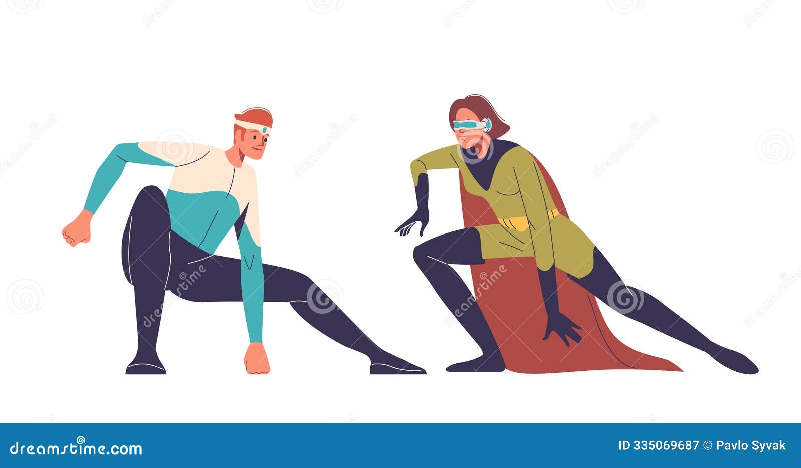 two adult superheroes ready for action, showcasing strength and determination. characters are posed dynamically